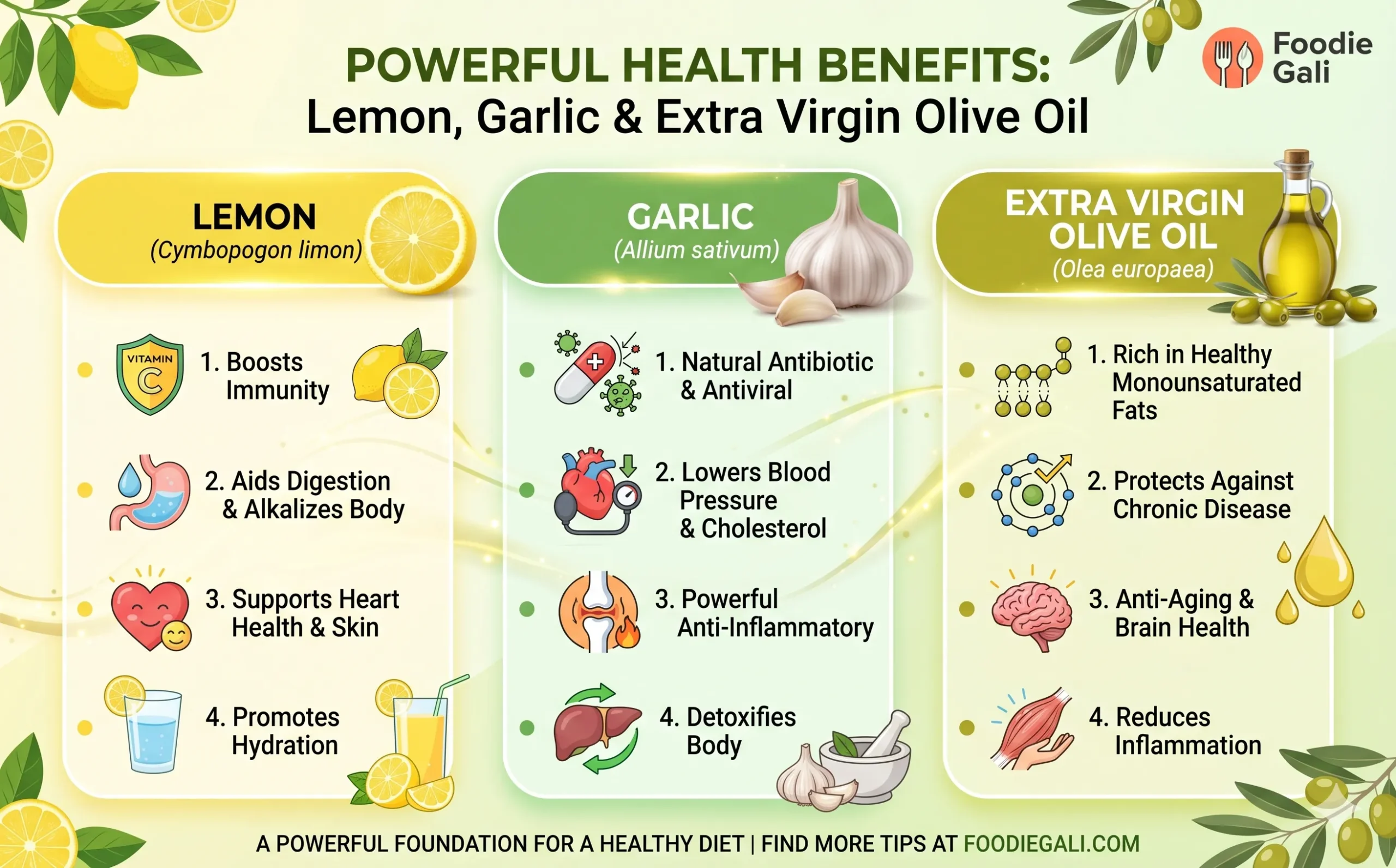 A detailed health infographic showing the powerful wellness benefits of Lemon, Garlic, and Extra Virgin Olive Oil, with distinct illustrations and icons for immunity, digestion, heart health, detoxification, and anti-inflammation.