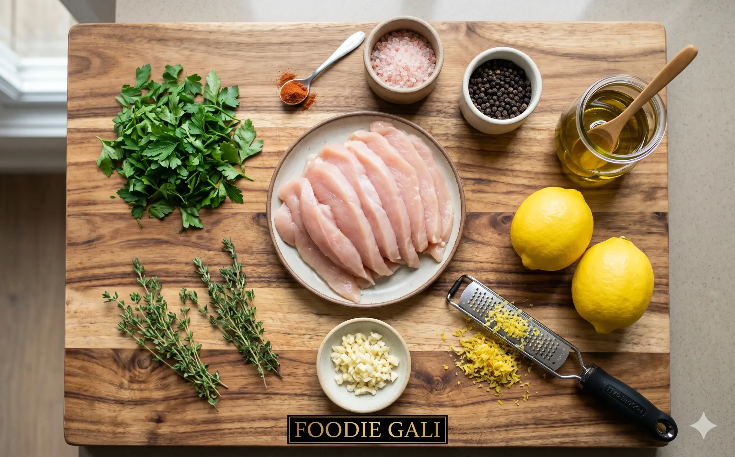Healthy Lemon Garlic Chicken meal prep with quinoa and fresh salad A neat, organized flat lay shot of raw ingredients including sliced chicken breast, lemons, minced garlic, herbs, and Himalayan pink salt, prepared on a wooden cutting board for cooking. 
