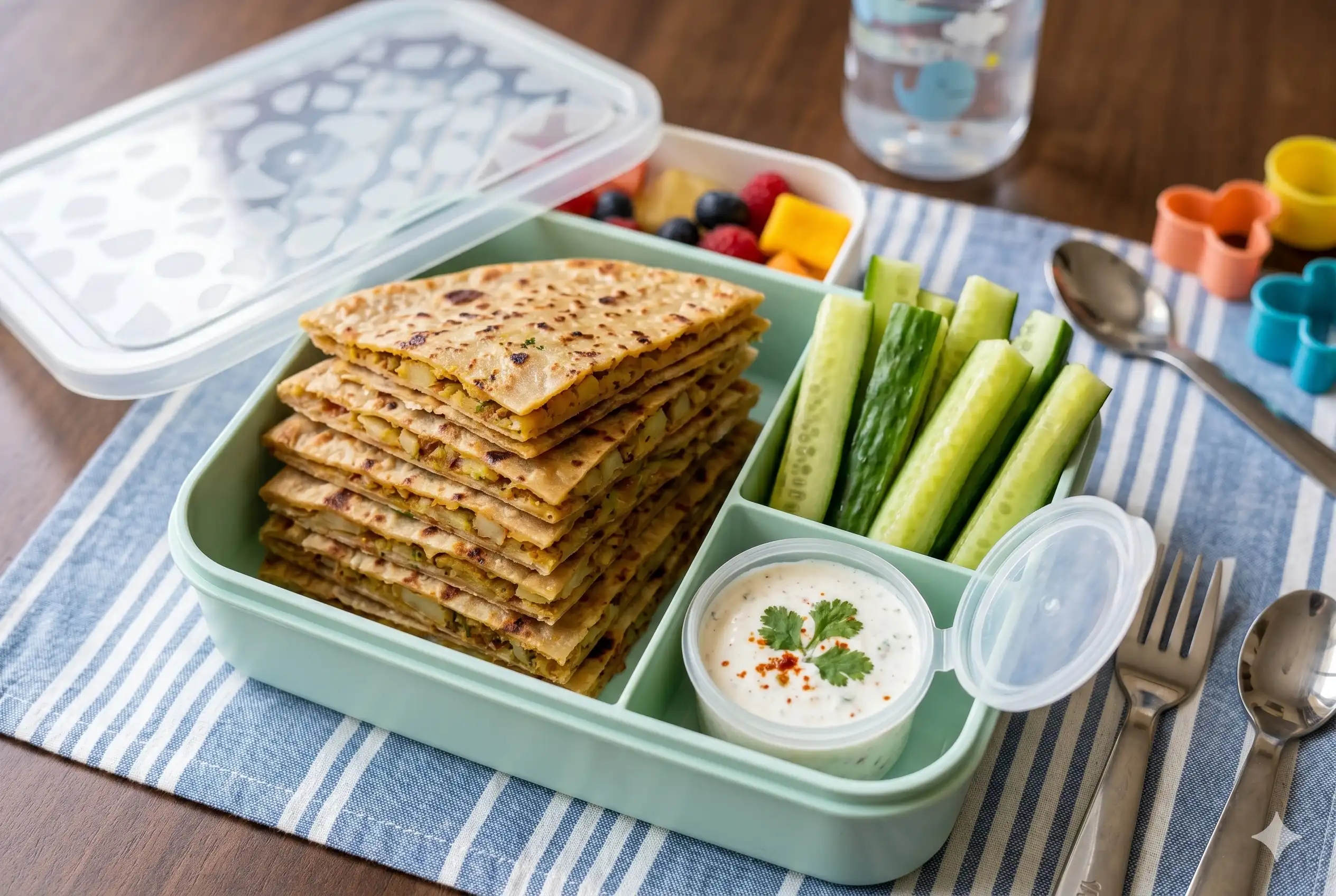 A light green partitioned lunchbox containing a stack of golden aloo paratha triangles, fresh cucumber sticks, and a small container of white yogurt dip garnished with coriander.