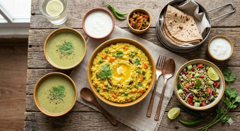 Light Indian Dinner for Weight Loss % %caption % Healthy Indian Dinner Spread with Khichdi, Salad, and Soup