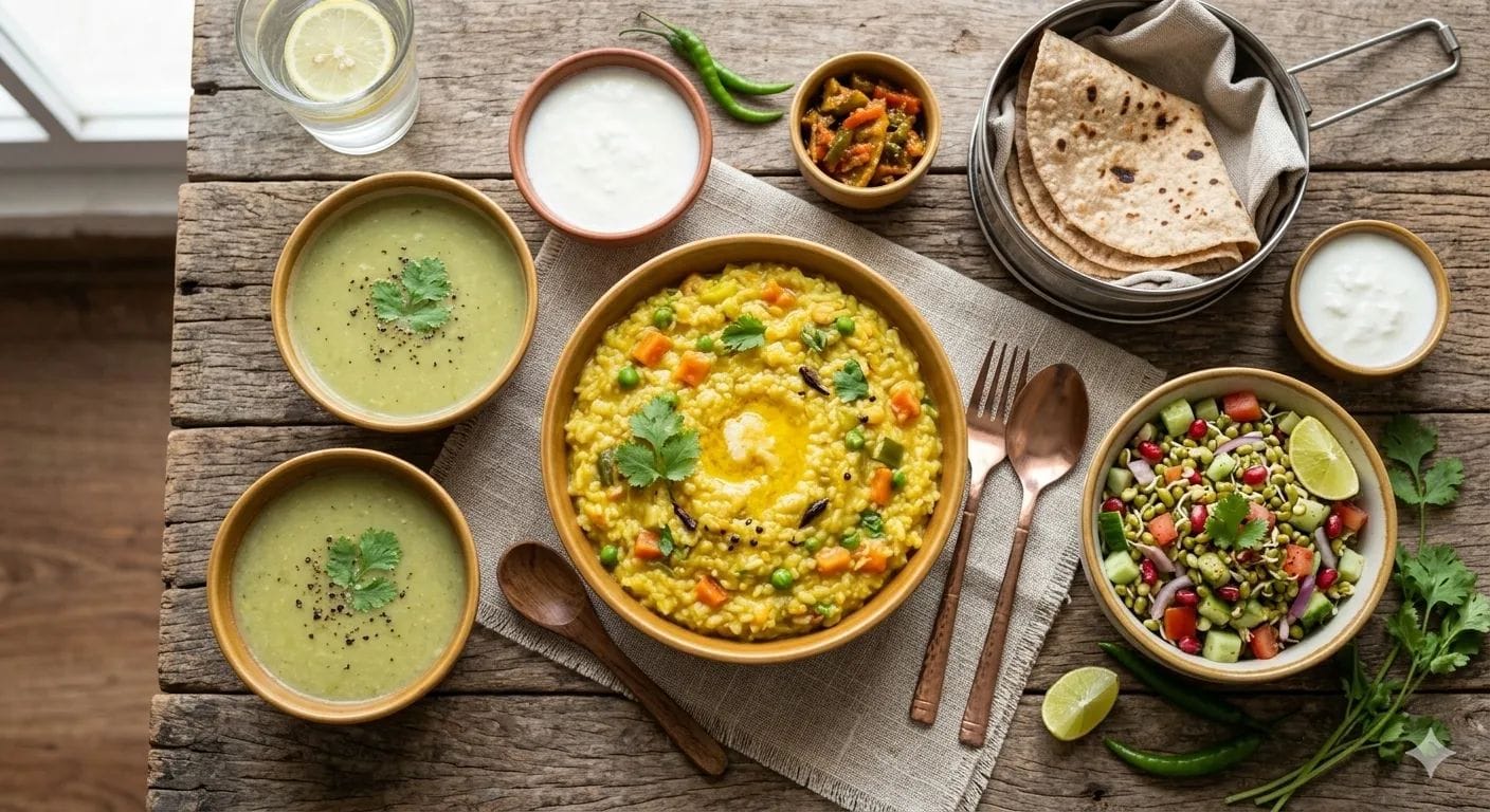 Light Indian Dinner for Weight Loss % %caption % Healthy Indian Dinner Spread with Khichdi, Salad, and Soup
