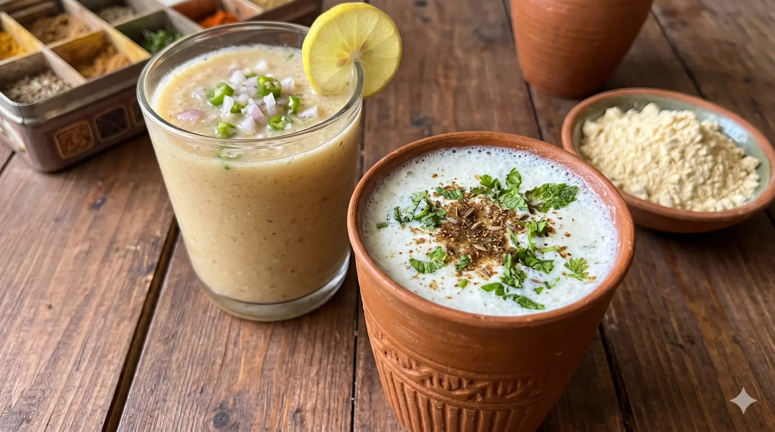 Two traditional Indian summer drinks, Masala Buttermilk in a clay pot and a Sattu drink in a glass, garnished with herbs and spices on a wooden surface, in a 1200x800 aspect ratio.
