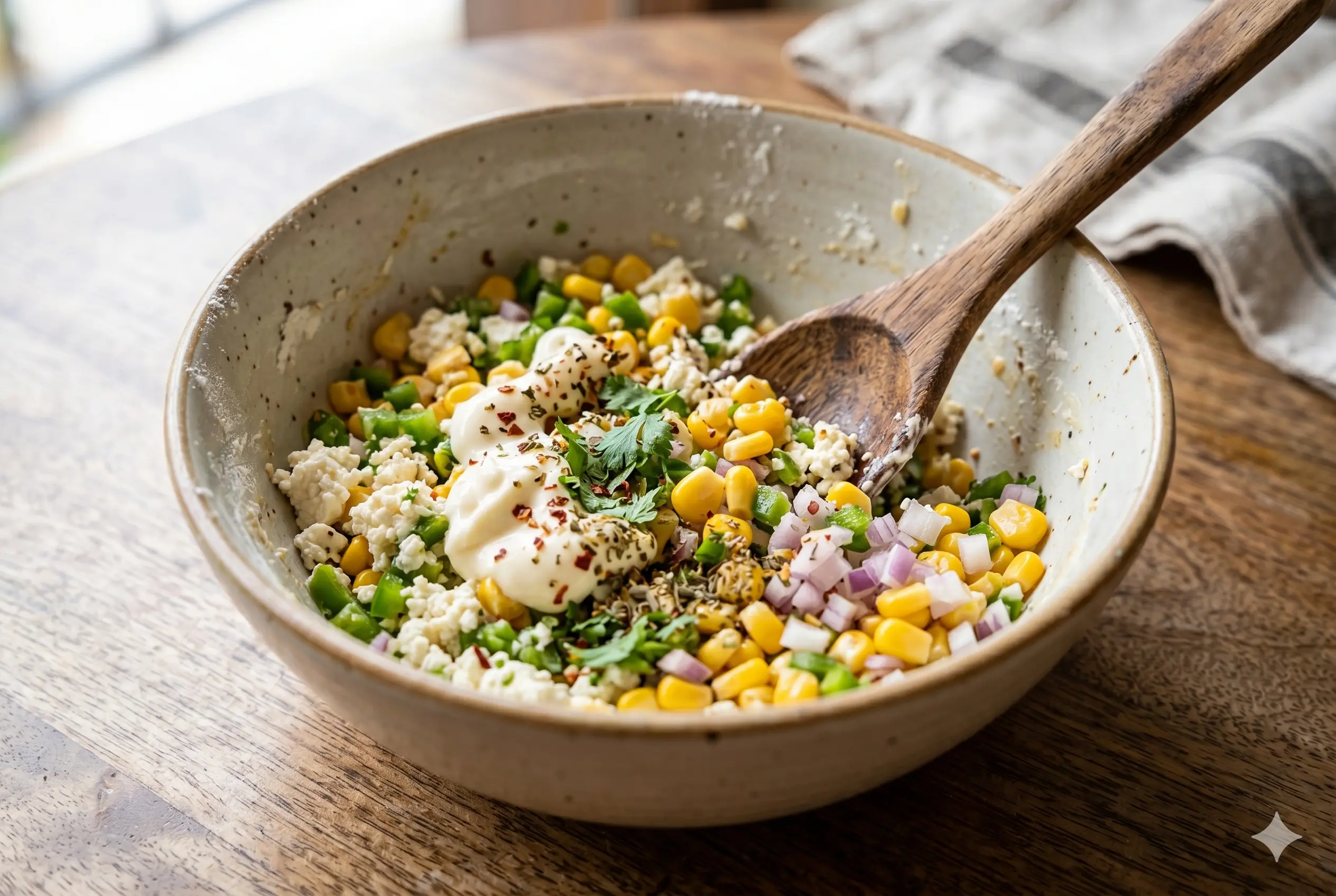 A ceramic mixing bowl with colorful fresh ingredients: crumbled paneer, sweet corn, capsicum, onion, and mayonnaise, being actively mixed with a wooden spoon under natural daylight.