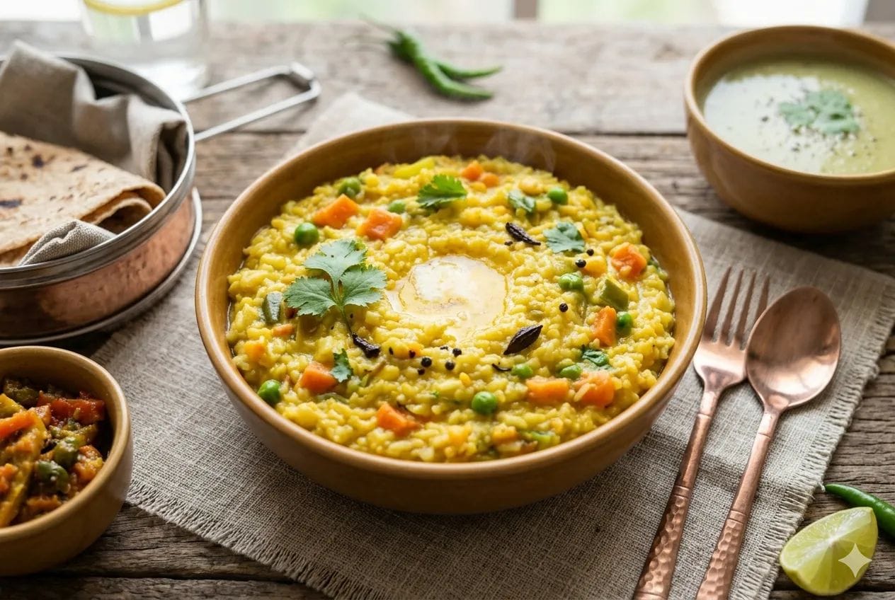 Bowl of yellow Moong Dal Khichdi with melting ghee and coriander on a rustic wooden table