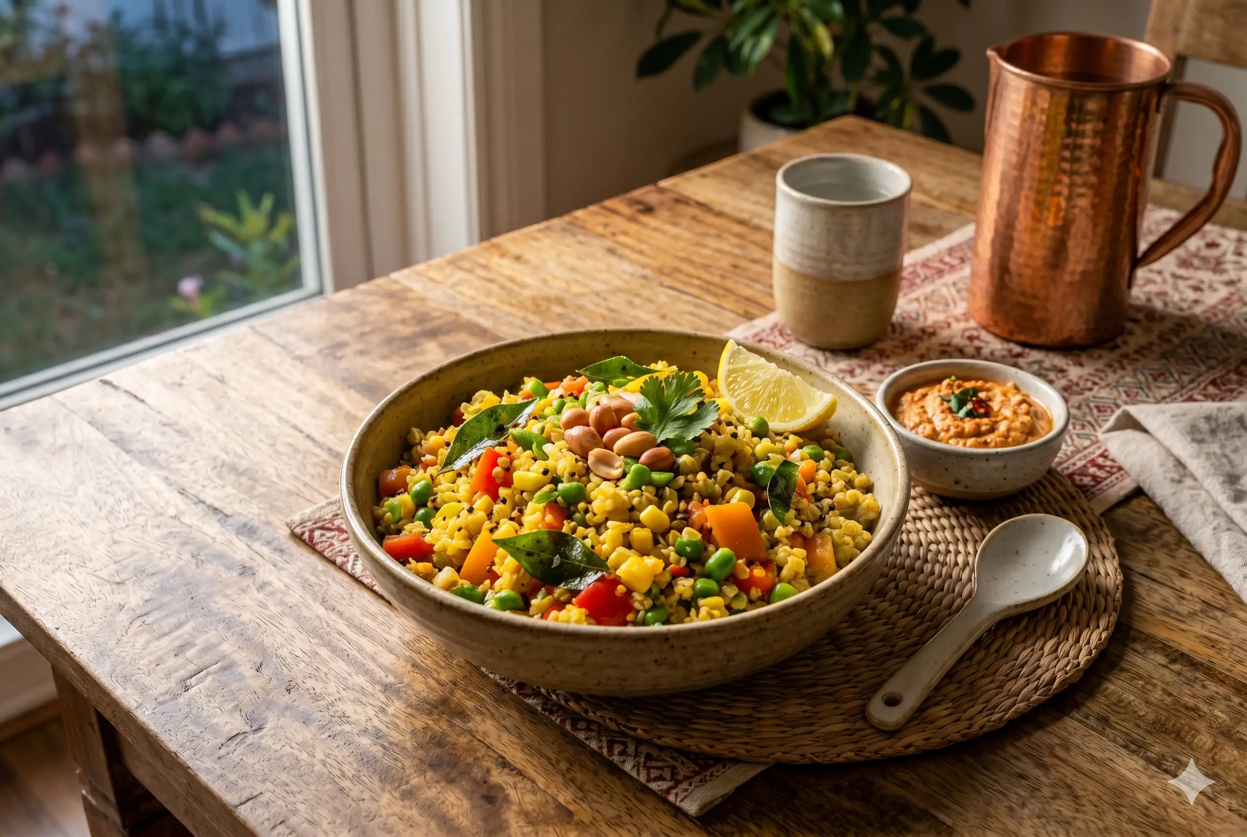 A bowl of nutritious Oats Upma loaded with mixed vegetables and peanuts, garnished with coriander and lemon, on a rustic wooden table with chutney.
