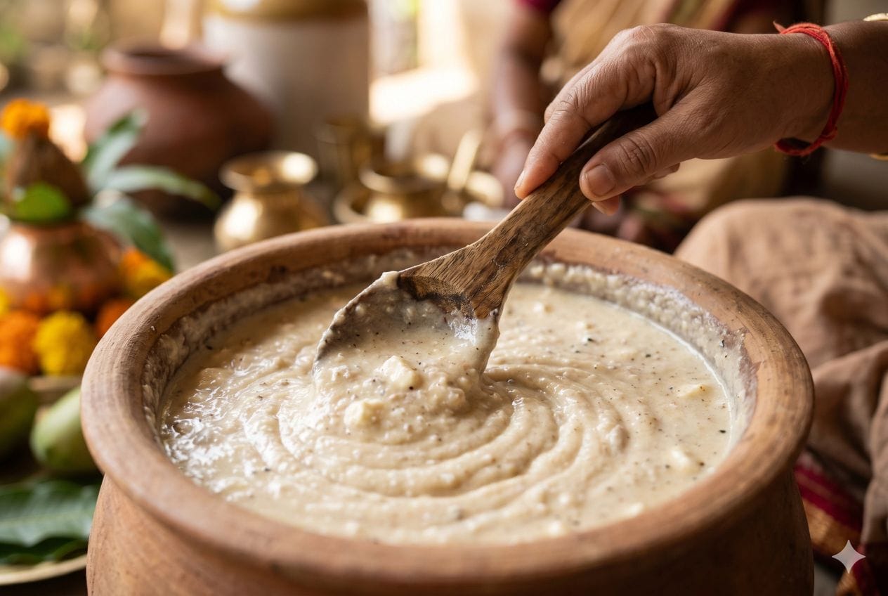 Close-up view of stirring the creamy and dense Odia Bela Pana in a traditional earthen bowl with a wooden spoon, showcasing its rich, thick texture.