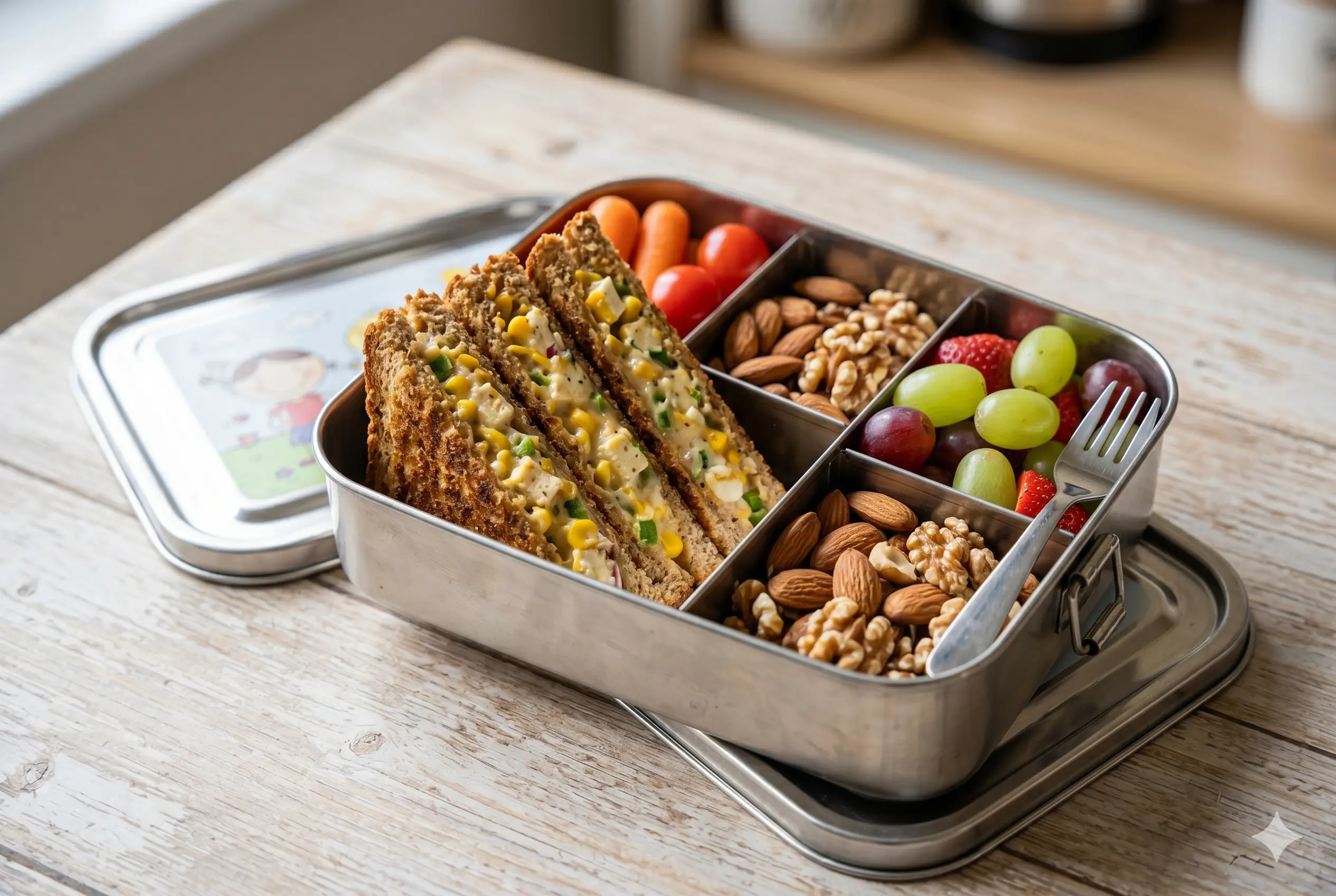A colorful kids' bento box with triangular Paneer Corn Mayo sandwich quarters, served with fresh grapes, strawberries, and mixed nuts, placed on a wooden table.