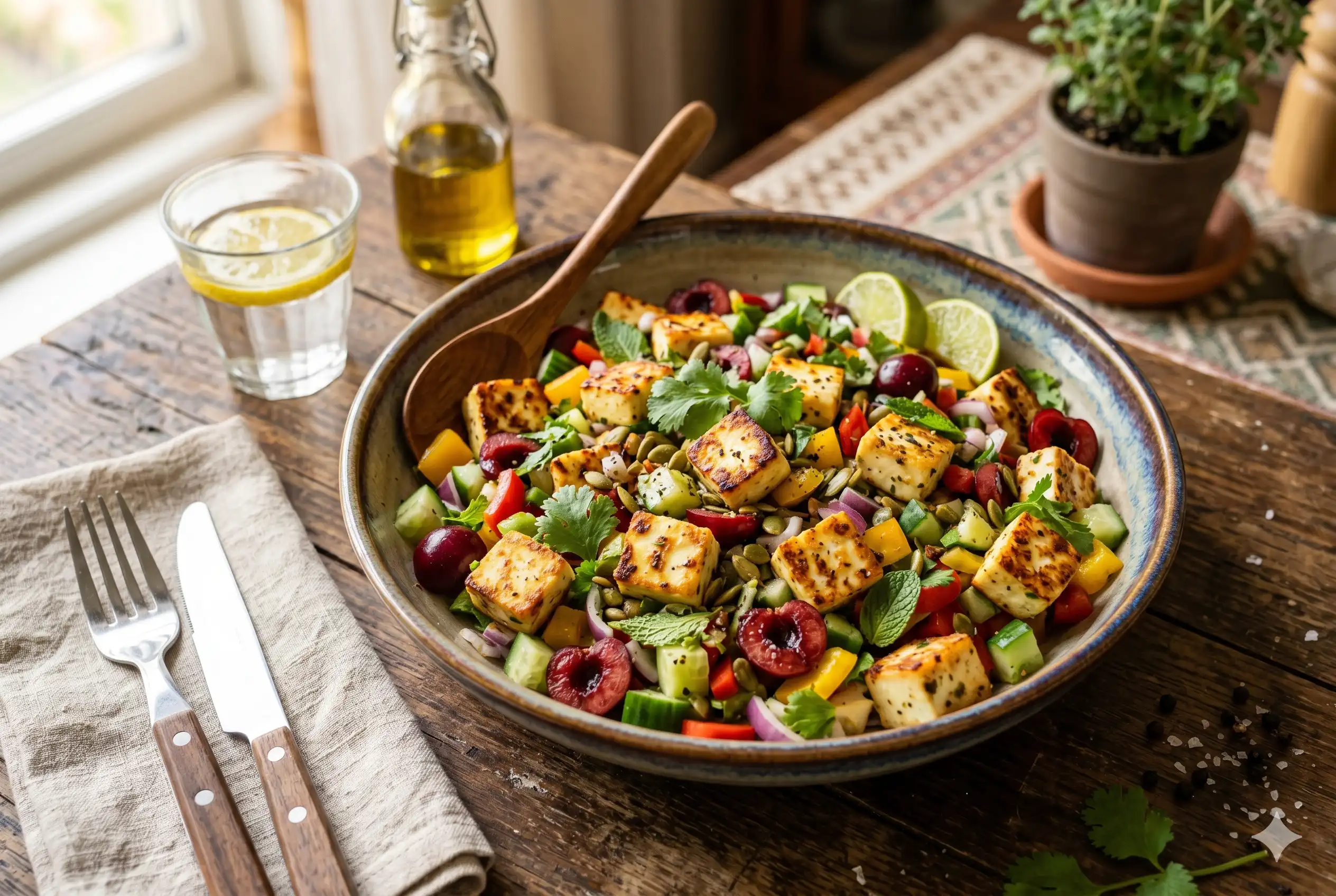 A colorful Mediterranean-style paneer salad in a ceramic bowl featuring charred paneer cubes, mixed greens, and seeds on a wooden background, shot in a 1200x800 aspect ratio.