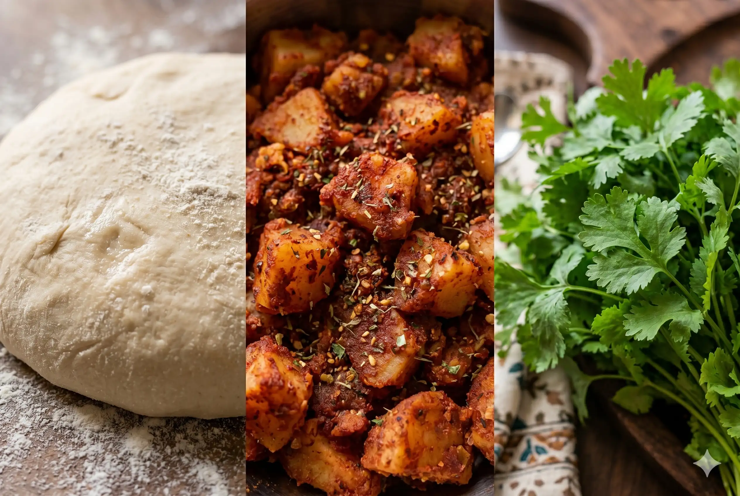 A three-panel collage showcasing soft paratha dough dusted with flour, spicy red-tinted potato stuffing, and a fresh bunch of green coriander.
