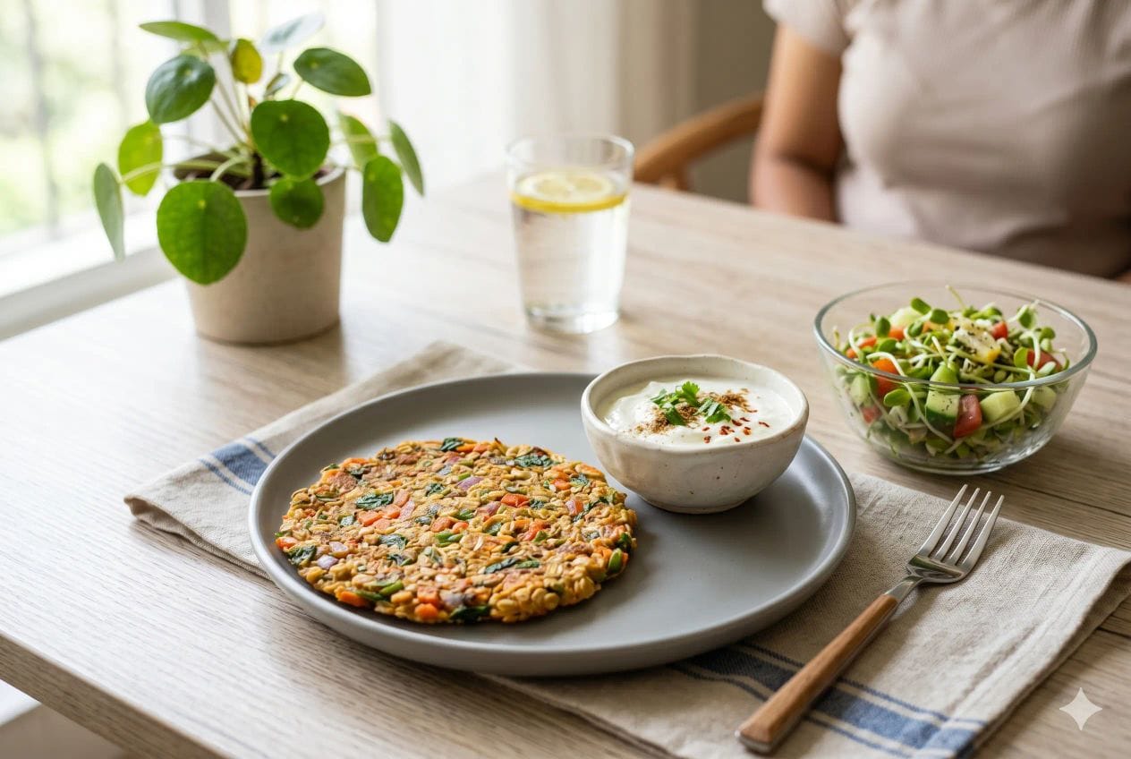 10 Minute Oats Vegetable Chilla % %caption % A high-definition, 1200x800px plated 10-Minute Oats Vegetable Chilla with visible fresh vegetables, served on a grey ceramic plate alongside a small bowl of thick Greek yogurt, on a modern, daylight-filled dining table.