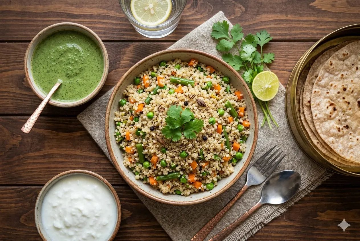 A top-down shot of colorful Quinoa Vegetable Pulao in a rustic ceramic bowl on a dark wooden table