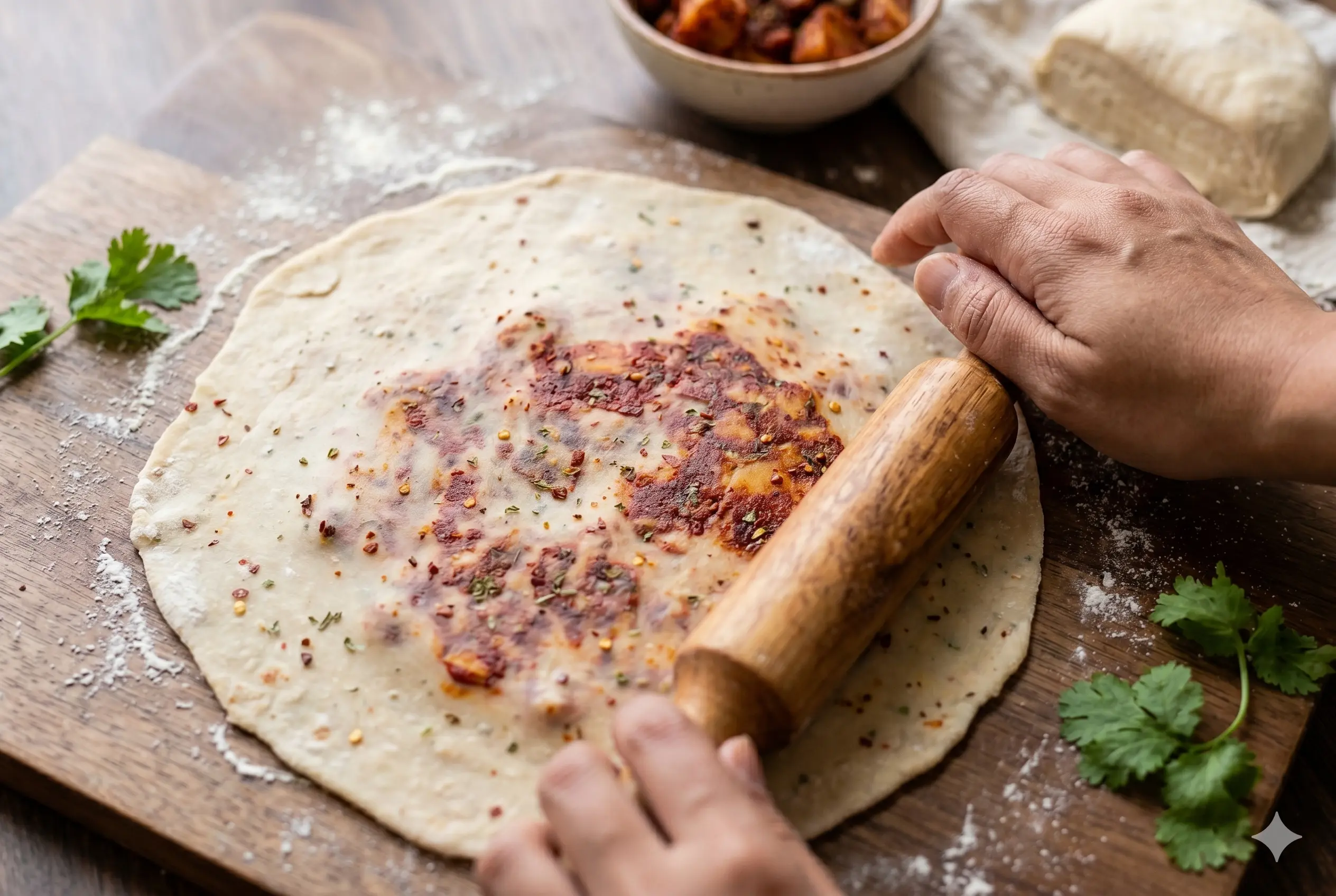 Hands using a wooden rolling pin to flatten a thin paratha dough on a wooden board, with the vibrant red Peri Peri potato stuffing visible through the translucent dough.