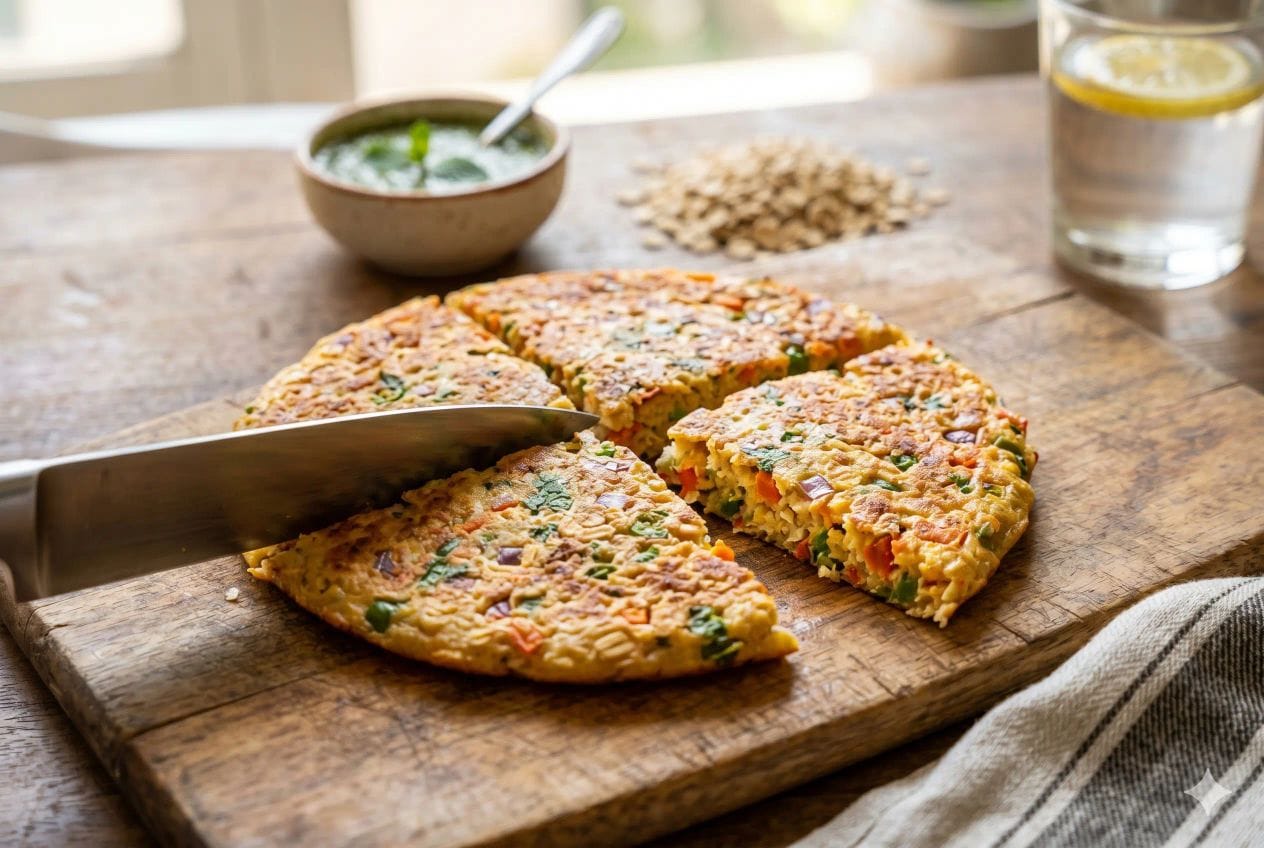10 Minute Oats Vegetable Chilla % %caption % A high-definition, close-up photograph showing a knife actively slicing a 10-Minute Oats Vegetable Chilla on a wooden board. The cut reveals the soft, moist, and fluffy interior studded with vibrant green chilies, carrots, and onions. The image is strictly 1200x800px for Google Discover.