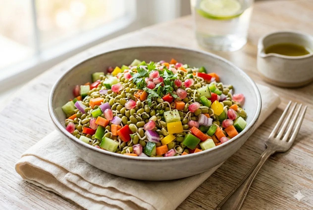 A ceramic bowl filled with colorful sprouted moong salad, chopped vegetables, and pomegranate seeds