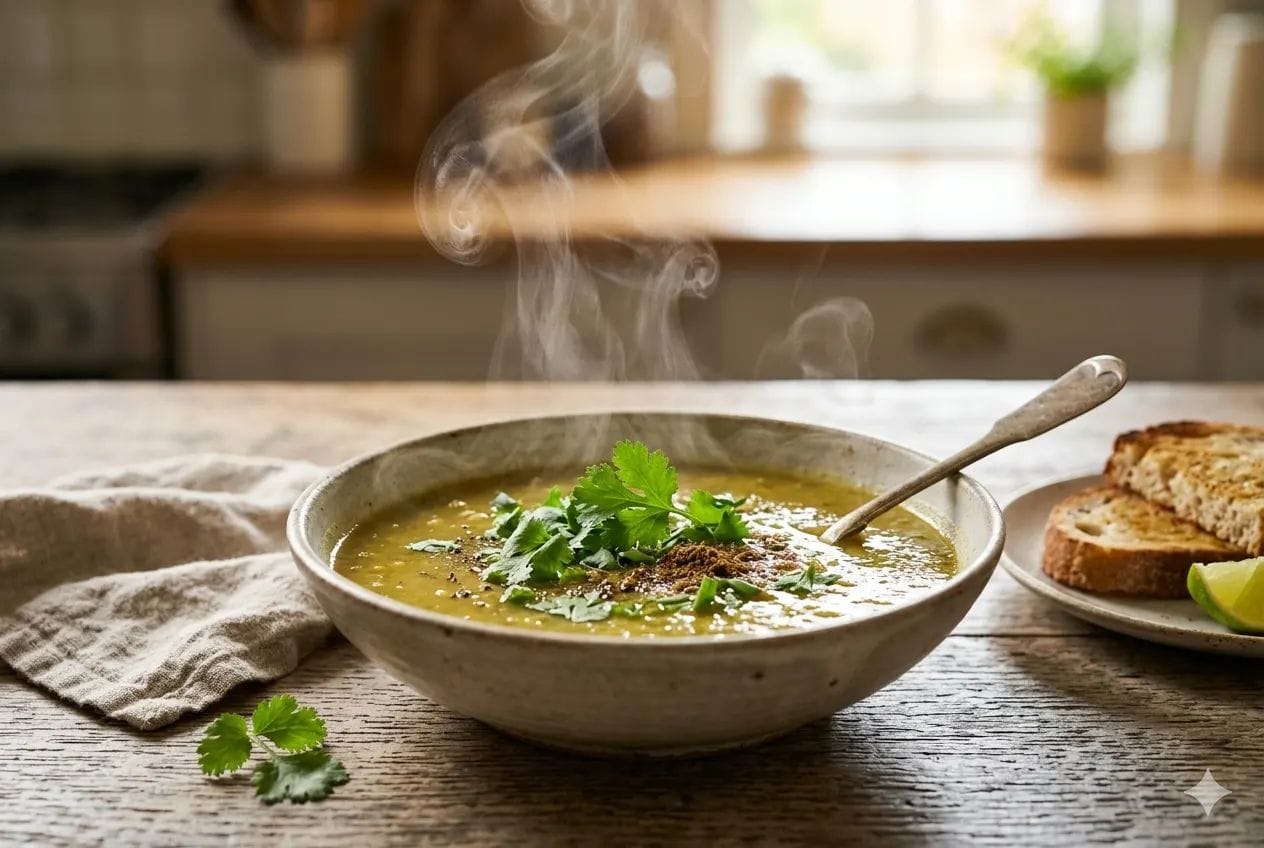 Steaming bowl of Lauki soup garnished with cilantro and roasted spices, with toasted bread