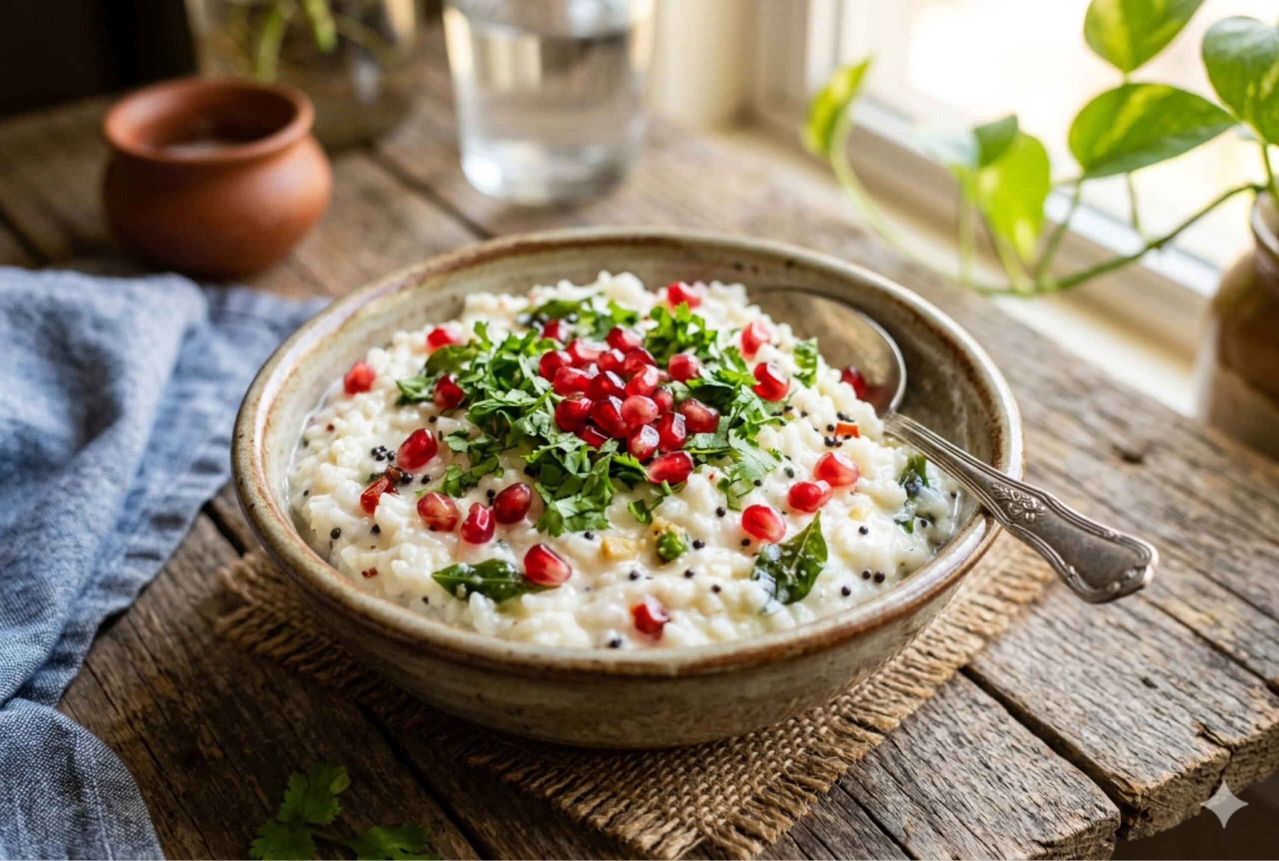 Refreshing Summer Curd Rice with Pomegranate and Cilantro garnish