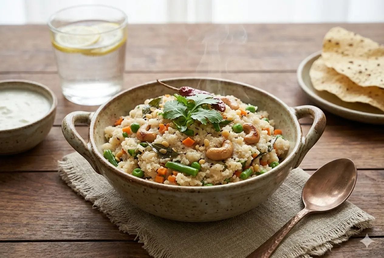 comforting, close-up photograph of a steaming bowl of weight-loss vegetable dalia khichdi, rich with carrots, peas, and French beans, garnished with ghee, cashews, and fresh coriander sprigs, resting on a rustic wooden table with a vintage spoon.