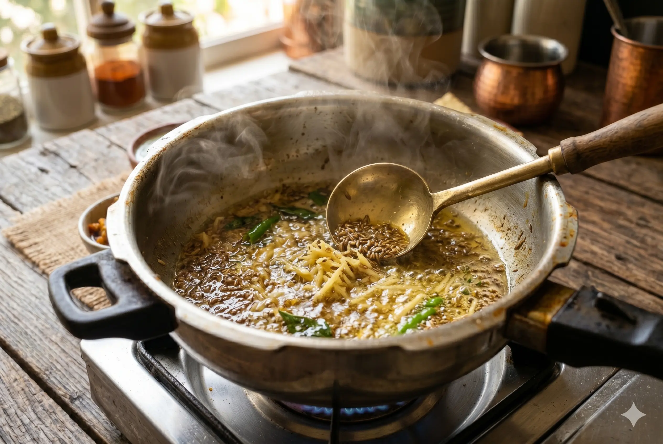 A dynamic close-up photograph capturing an active tempering in a pressure cooker pot on a stove. Glistening desi ghee sizzles as cumin seeds (jeera) crackle and finely grated ginger bubbles, with a ladle stirring the sputtering spices. Aromatic steam rises, set in a traditional Indian kitchen background with natural daylight and spice jars.