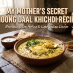 A steaming bowl of golden Moong Dal Khichdi topped with desi ghee and coriander, served with dahi, papad, and pickle on a wooden table.