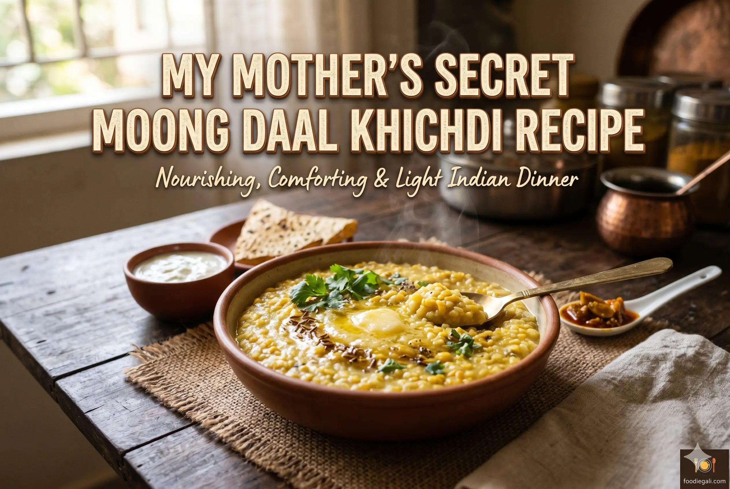 A steaming bowl of golden Moong Dal Khichdi topped with desi ghee and coriander, served with dahi, papad, and pickle on a wooden table.