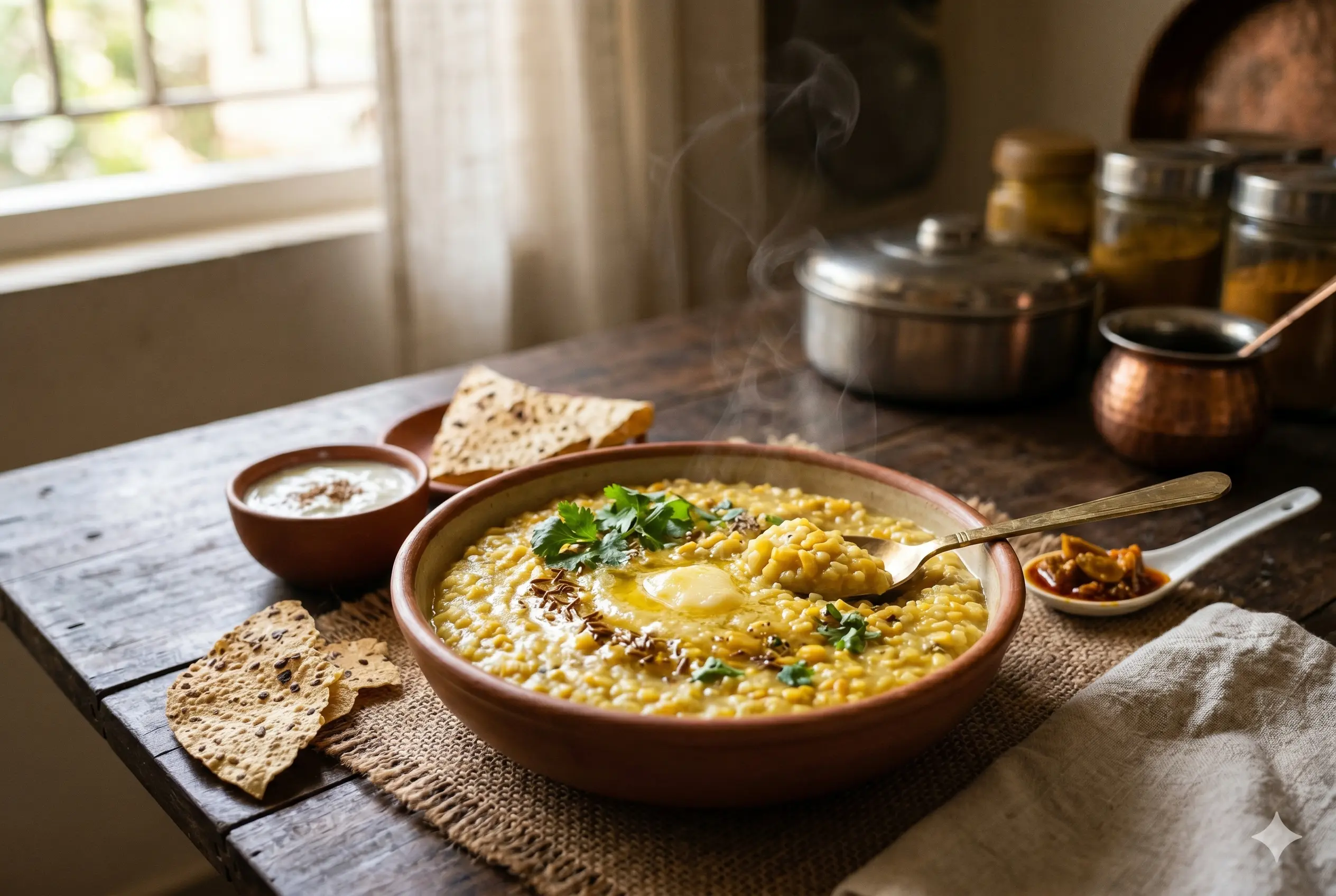 Traditional Indian Moong Dal Khichdi Thali featuring a steaming earthenware bowl of golden khichdi topped with desi ghee, served with fresh curd, roasted papad, and spicy pickle on a rustic wooden table for Foodiegali.