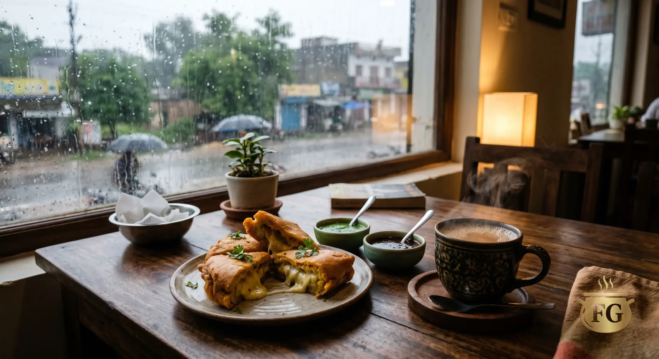 An indoor photograph from a cafe in Hardoi, Uttar Pradesh, showing a rustic wooden table. A plate of halved, fried bread pakoras filled with paneer is centered, flanked by two small bowls of mint and tamarind chutneys. Next to it is a steaming, patterned ceramic cup of chai on a coaster. A small potted plant and a bowl with tissues are also on the table. Through a large, rain-streaked window, a view of a rainy Indian town street scene with pedestrians under umbrellas and distant town buildings is visible. A warm lamp glows on an adjacent table.