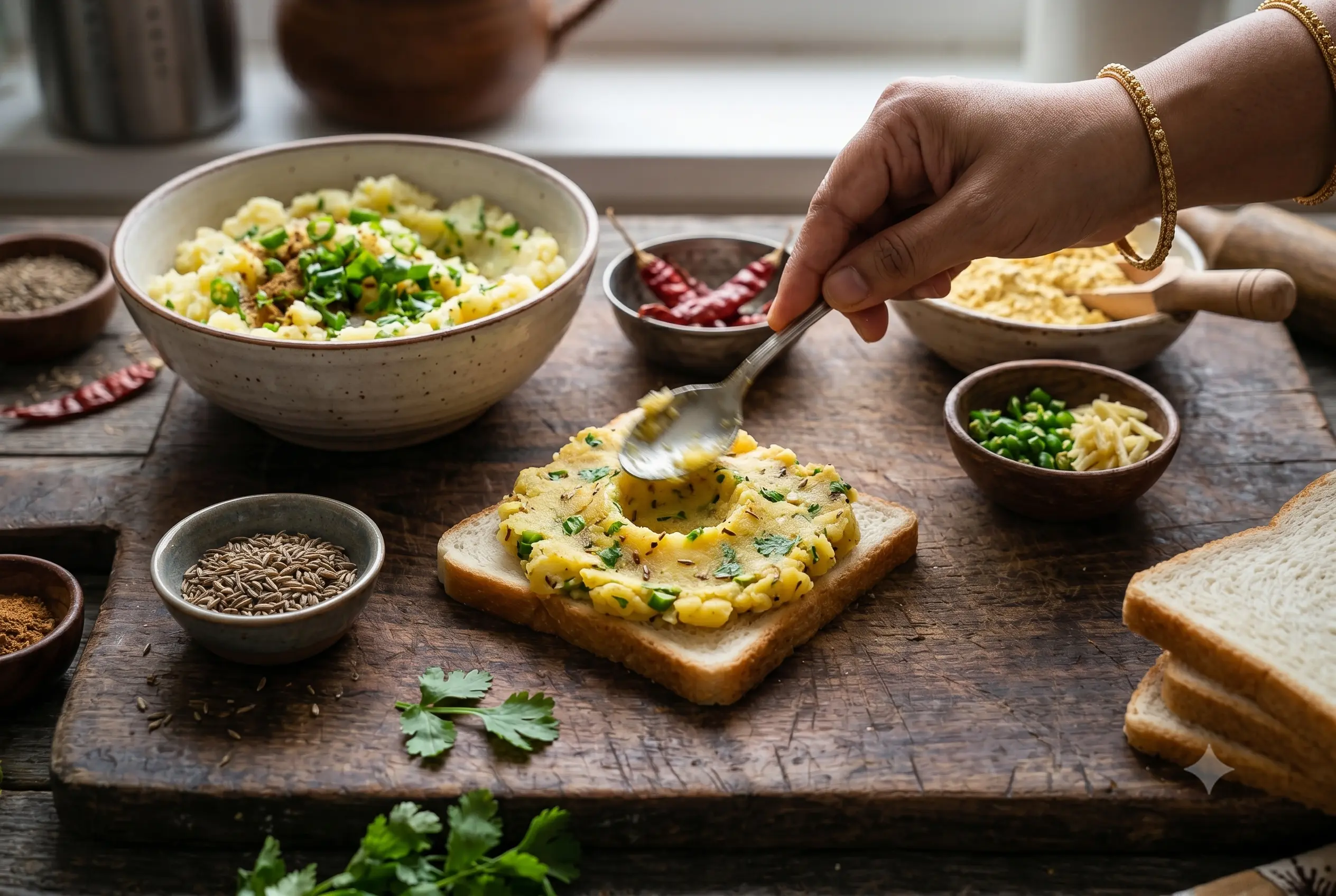 Close-up shot of a hand with a gold bangle spreading spiced mashed potatoes (aloo masala) mixed with green chilies and cilantro onto a slice of white bread using a spoon, set on a rustic wooden table with other Indian spices and ingredients in small bowls.