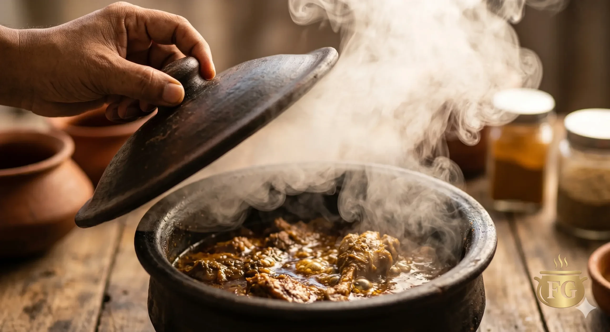 Authentic Shahi Handi Chicken: 5 Secret Royal Recipe % %caption % A close-up shot of a sahi hand chicken lifting the dark earthenware lid from a traditional clay handi pot, revealing a bubbling, savory chicken curry with a dramatic plume of steam rising against a rustic wooden background.