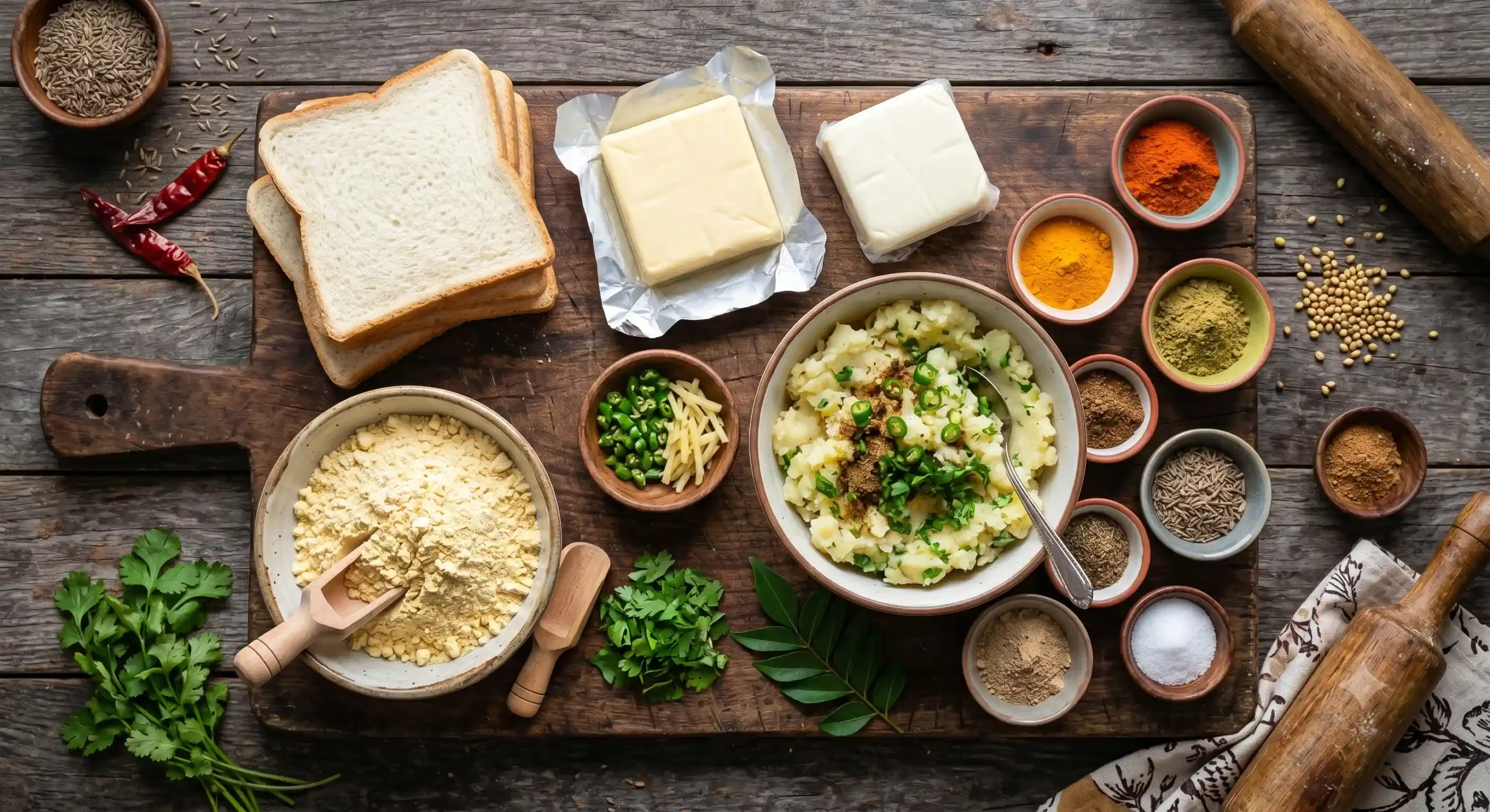 An overhead photograph of a dark rustic wooden cutting board covered with raw ingredients: sliced bread, large blocks of cheese, besan (gram flour) with a wooden scoop, a bowl of mashed potato masala, small bowls with diverse colorful dry spices, green chillies, ginger, and fresh coriander.