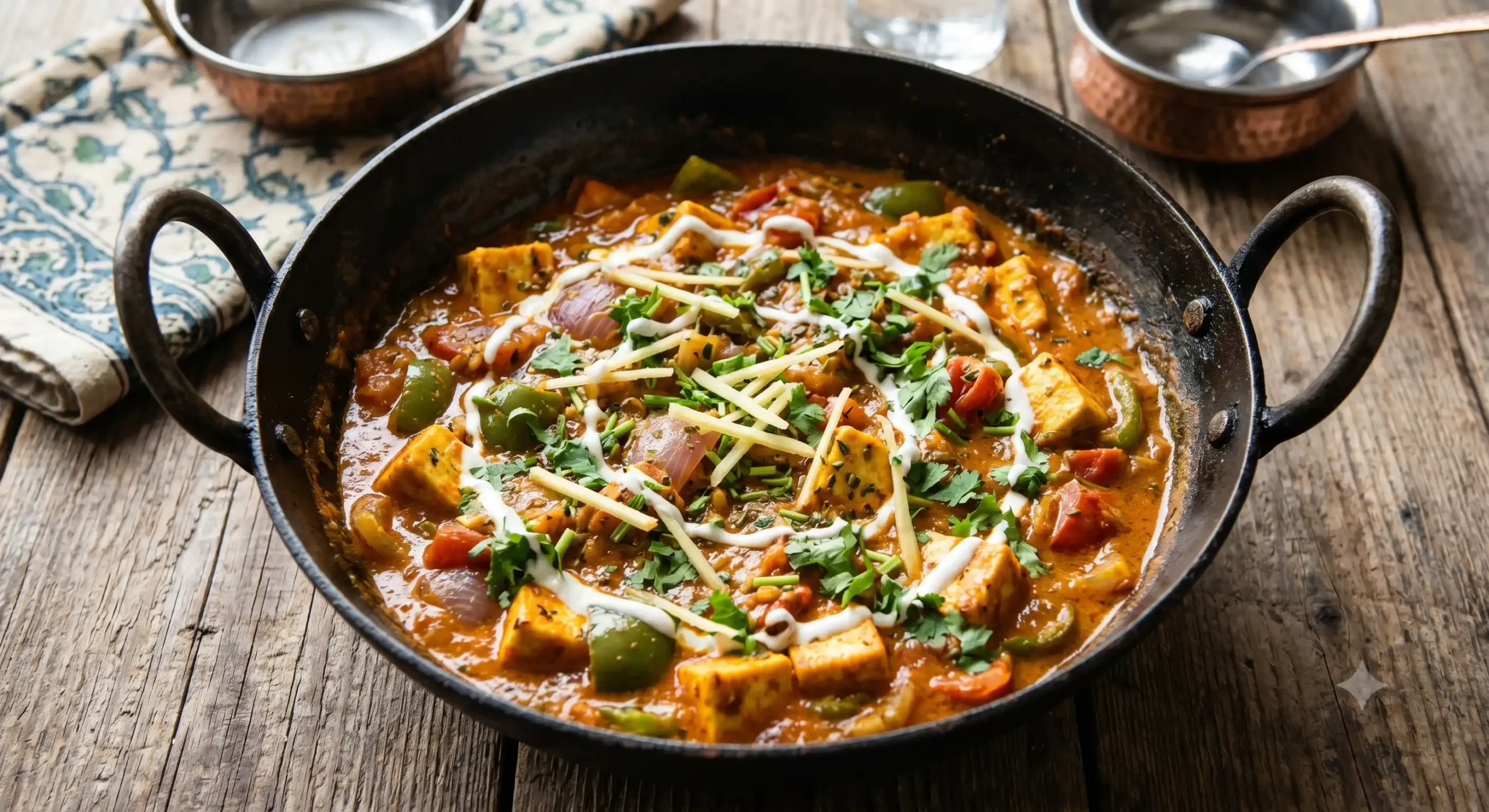 Kadai Paneer Recipe A top-down, slightly angled photograph looking into a well-used black iron wok (karahi) filled with authentic Indian Kadai Paneer. The dish features cubed paneer (Indian cheese), red and green bell peppers, and onion in a thick, rich, orange-red masala gravy. It is generously garnished with chopped green coriander (cilantro) leaves and delicate, long strips of fine julienned fresh ginger. The wok sits centrally on an aged, rustic wooden table. Out-of-focus background elements include a blue-and-white patterned napkin to the left, a copper-colored small bowl (katori), and a metal tumbler to the top right, creating a warm and traditional dining atmosphere. Natural daylight illuminates the scene.