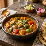 A close-up food photograph shows a rustic ceramic bowl filled with rich, spicy Kadai Paneer curry containing cubes of paneer, bell peppers, and onions, garnished with fresh coriander and ginger juliennes. To the right, buttery garlic naan sits on a cloth napkin. The entire meal is arranged on a dark wooden table with small copper bowls of lime and pickled onions in the background.