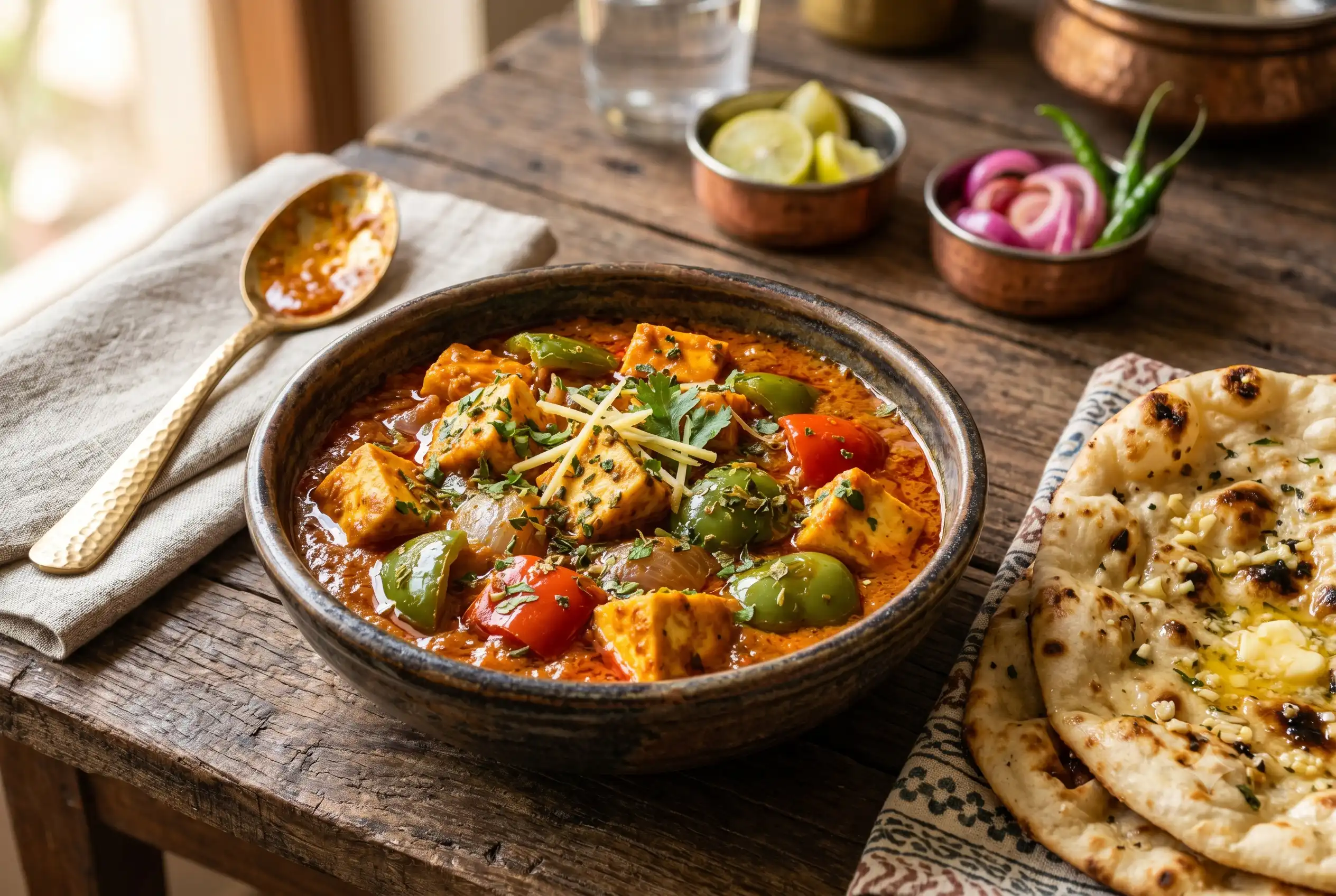 A close-up food photograph shows a rustic ceramic bowl filled with rich, spicy Kadai Paneer curry containing cubes of paneer, bell peppers, and onions, garnished with fresh coriander and ginger juliennes. To the right, buttery garlic naan sits on a cloth napkin. The entire meal is arranged on a dark wooden table with small copper bowls of lime and pickled onions in the background.