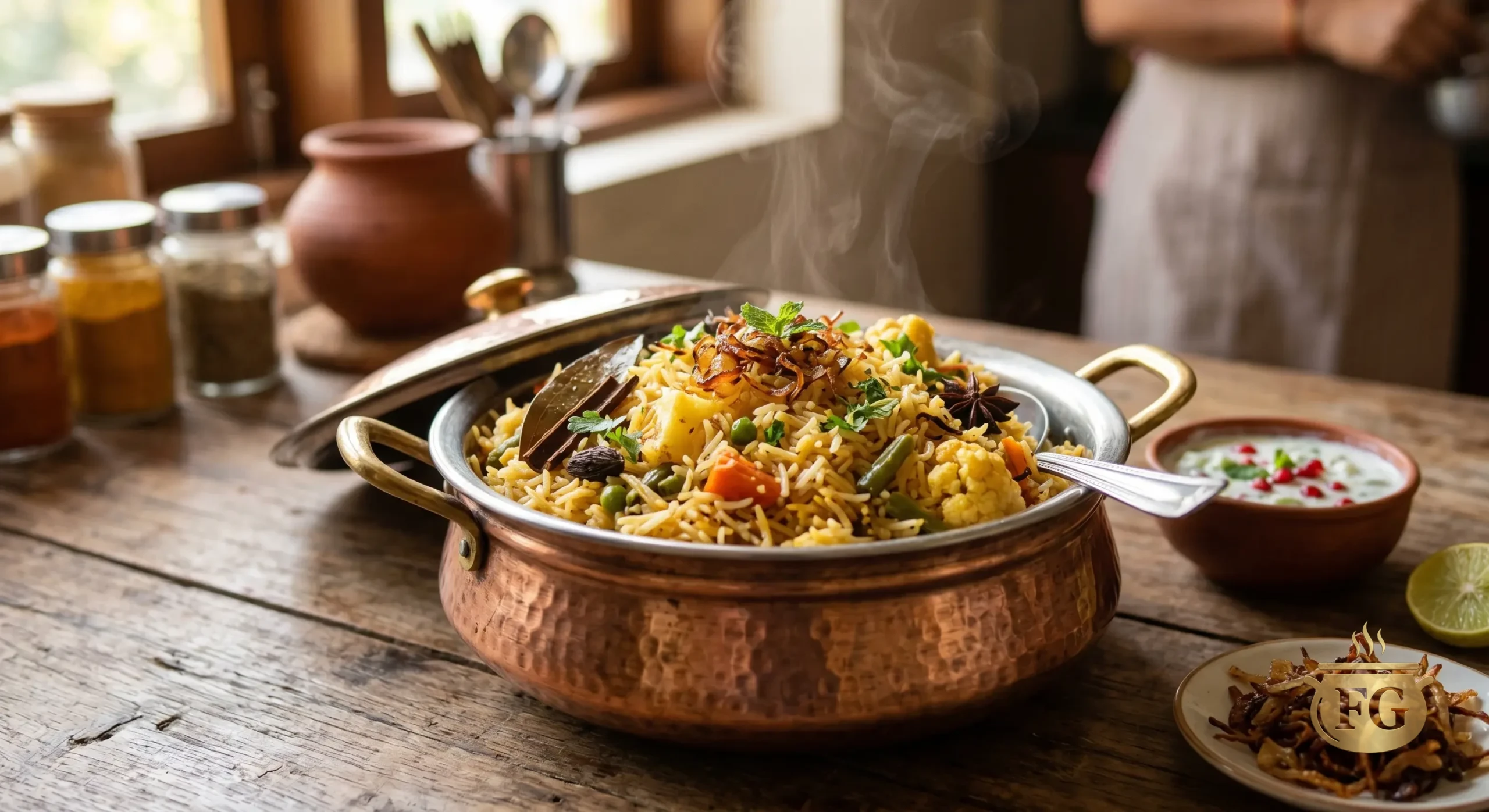 A close-up photograph of a steaming hammered copper handi filled with garnished Veg Yakhni Pulao on a rustic wooden table. It's served in a cozy kitchen setting with sides of Cucumber Mint Raita, fried onions, and a lime wedge. Blurred spice jars and a traditional clay pot are in the background.