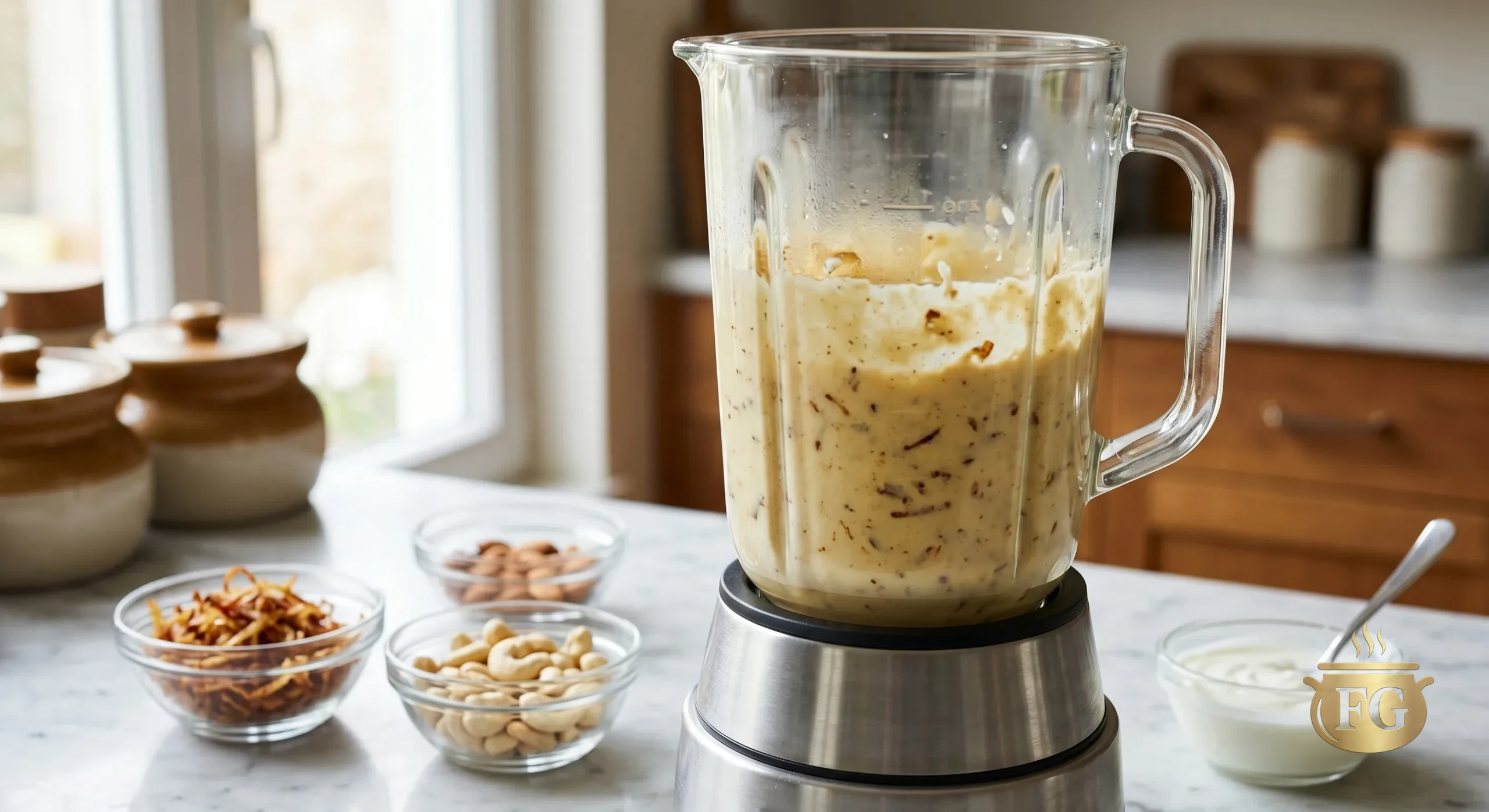 A glass blender jar containing a thick, pale beige puree of fried onions, cashews, almonds, and yogurt. The blender sits on a marble countertop surrounded by small glass bowls of ingredients: crispy fried onions, whole cashews, almonds, and thick white cream (yogurt) with a spoon.
