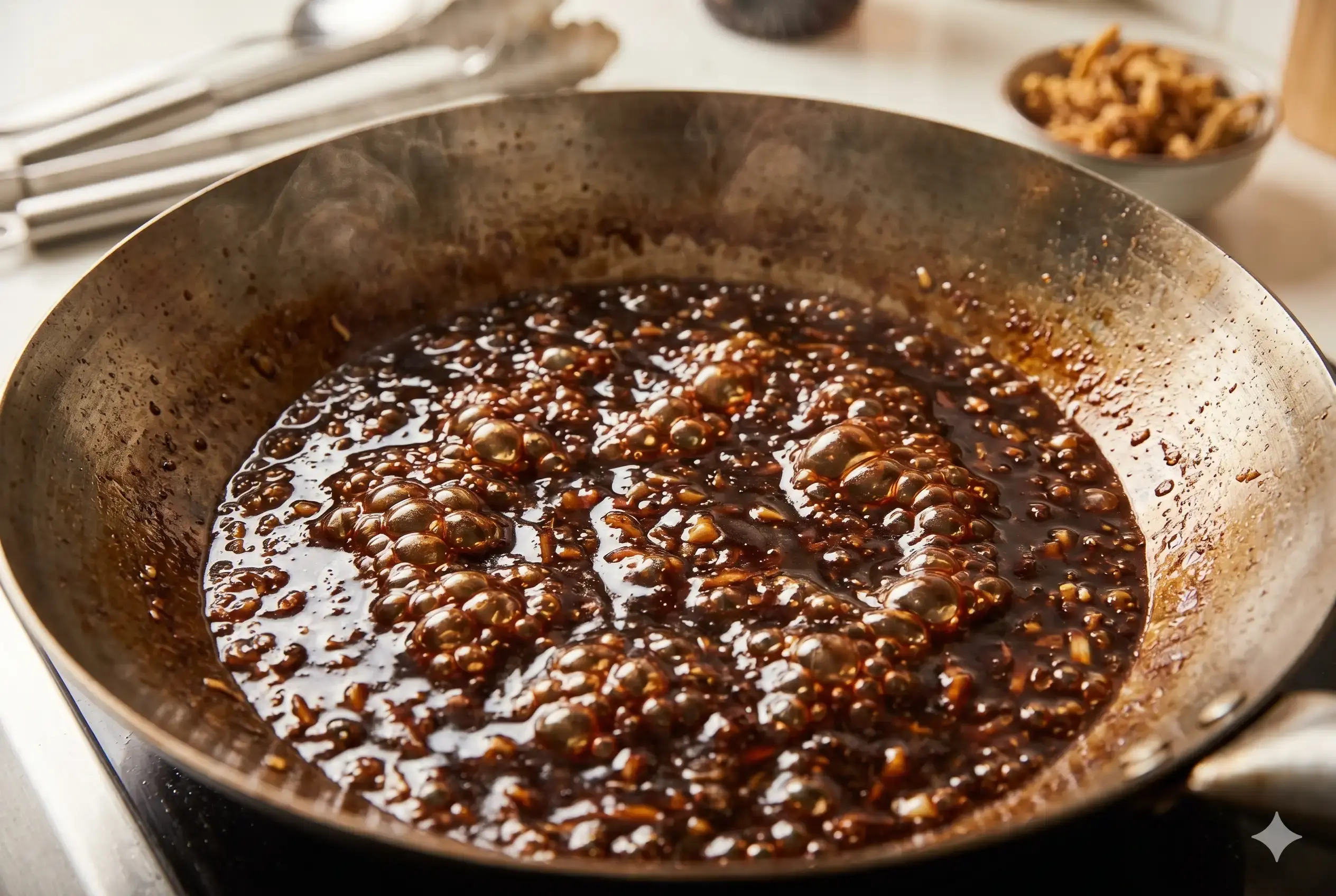 Close-up photograph of dynamic, glossy, and bubbling dark brown Manchurian sauce within a seasoned metal wok, with visible large and small glistening bubbles breaking the highly caramelized surface and light steam rising.