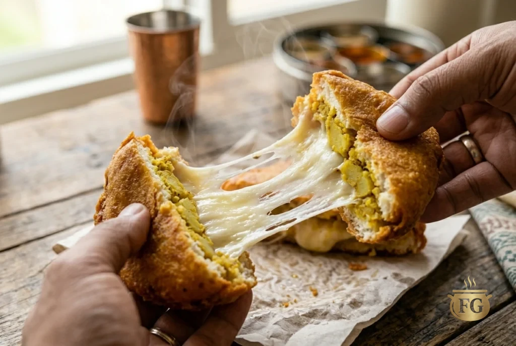Cheese Burst Bread Pakora Recipe: 4 Steps to Crispy Perfection % %caption % A close-up food photograph captures the moment two halves of a golden-fried bread pakora are pulled apart, revealing an epic, thick, molten white mozzarella cheese stretch. Long, glistening threads of cheese stretch across the frame, with wisps of steam actively rising from the hot interior. The pakora's textured yellow potato masala is visible. The background is a soft blur of a rustic wooden table, blurred traditional copper spice tins, and natural daylight from a window.