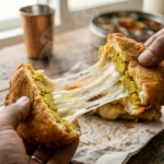 A close-up food photograph captures the moment two halves of a golden-fried bread pakora are pulled apart, revealing an epic, thick, molten white mozzarella cheese stretch. Long, glistening threads of cheese stretch across the frame, with wisps of steam actively rising from the hot interior. The pakora's textured yellow potato masala is visible. The background is a soft blur of a rustic wooden table, blurred traditional copper spice tins, and natural daylight from a window.