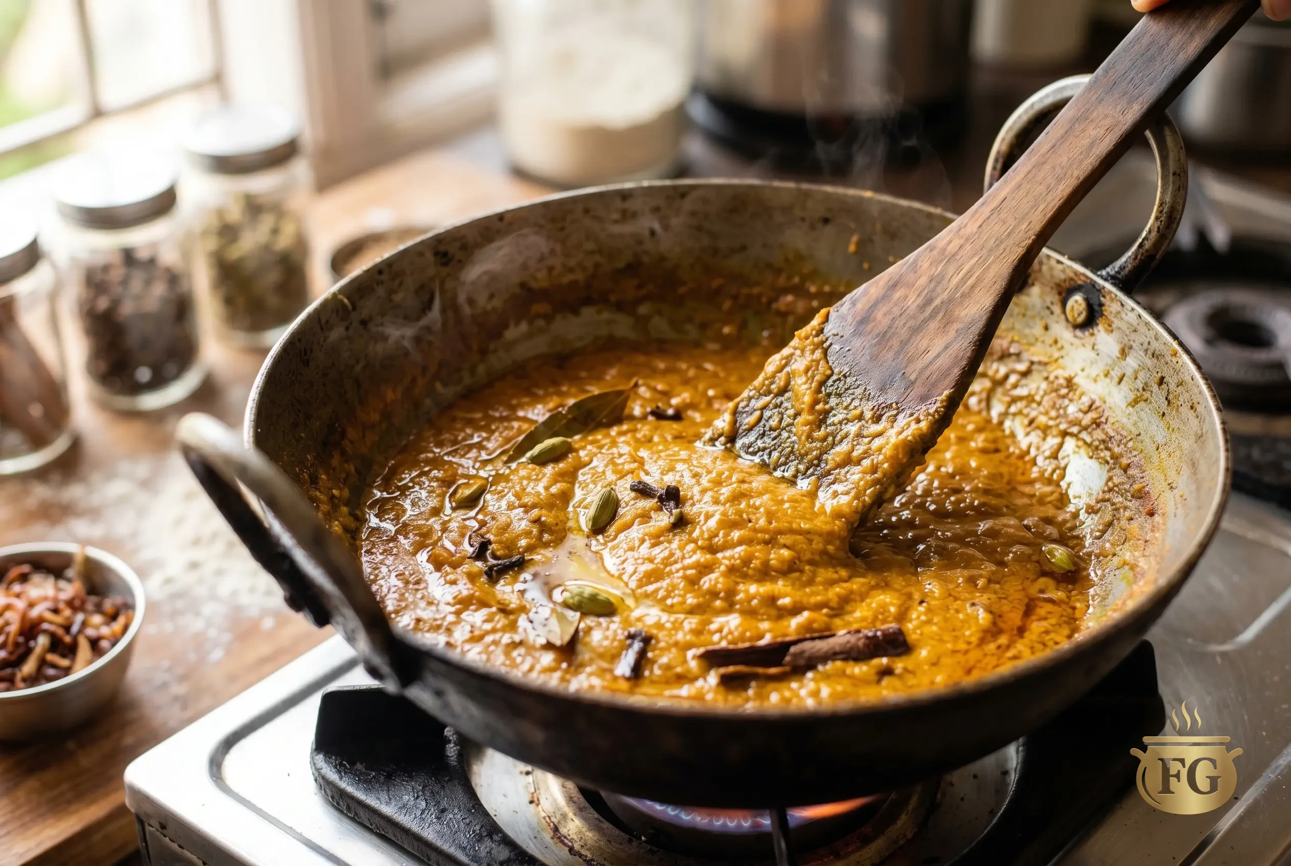 A detailed close-up action photograph capturing a person's hand using a wooden spatula to actively stir a thick, bubbling yellow-brown Korma masala inside a traditional dark iron kadhai (wok) on a modern gas stovetop with a visible blue flame. Whole spices, including green cardamoms, cloves, a bay leaf, and cinnamon bark, are integrated within the glistening, glistening gravy. The critical sharp focus is on the central mixing action, showing pools of aromatic golden oil visibly separating. Small bowls with blurred ingredients, like fried onions, are on a rustic wooden counter in the background, illuminated by natural daylight from a window.