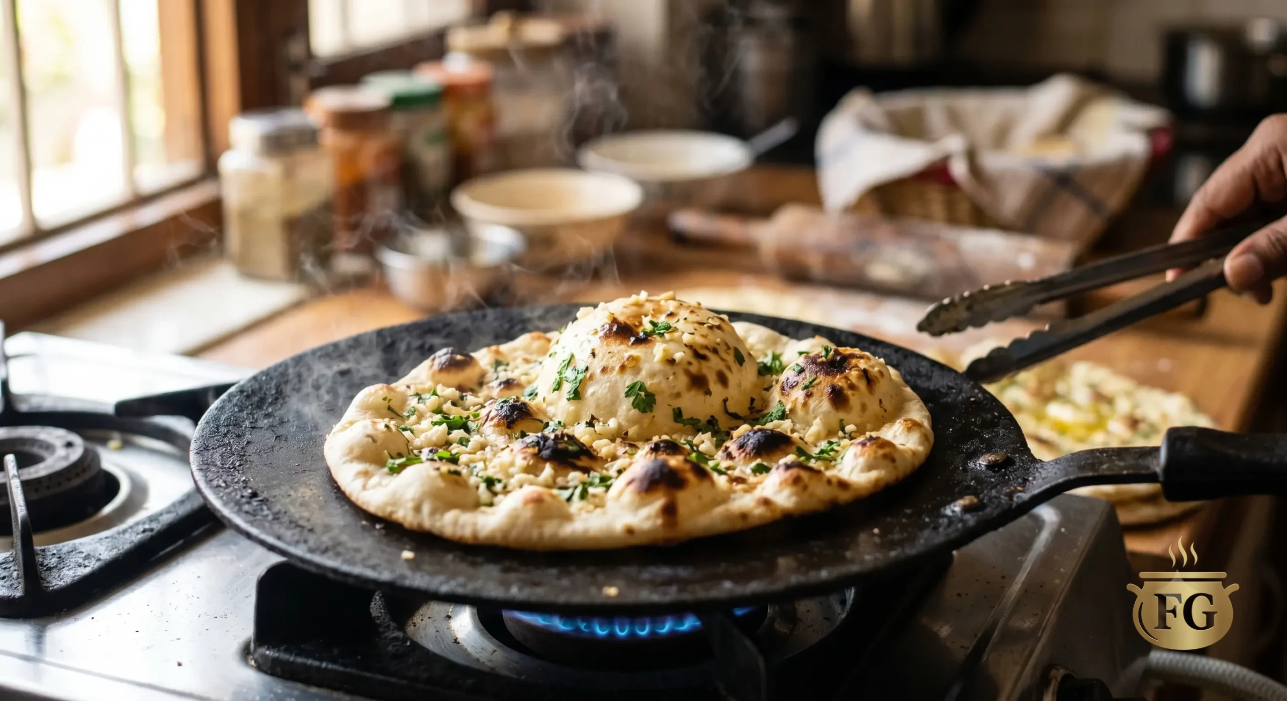 A detailed close-up shot of a round, garlic and coriander-topped naan bread cooking and puffing up with large air bubbles and charred blisters on a flat, black handled iron tawa (skillet) over an active gas stove flame. Visible steam rises from the hot griddle. The background is a gently blurred rustic home kitchen, providing context.