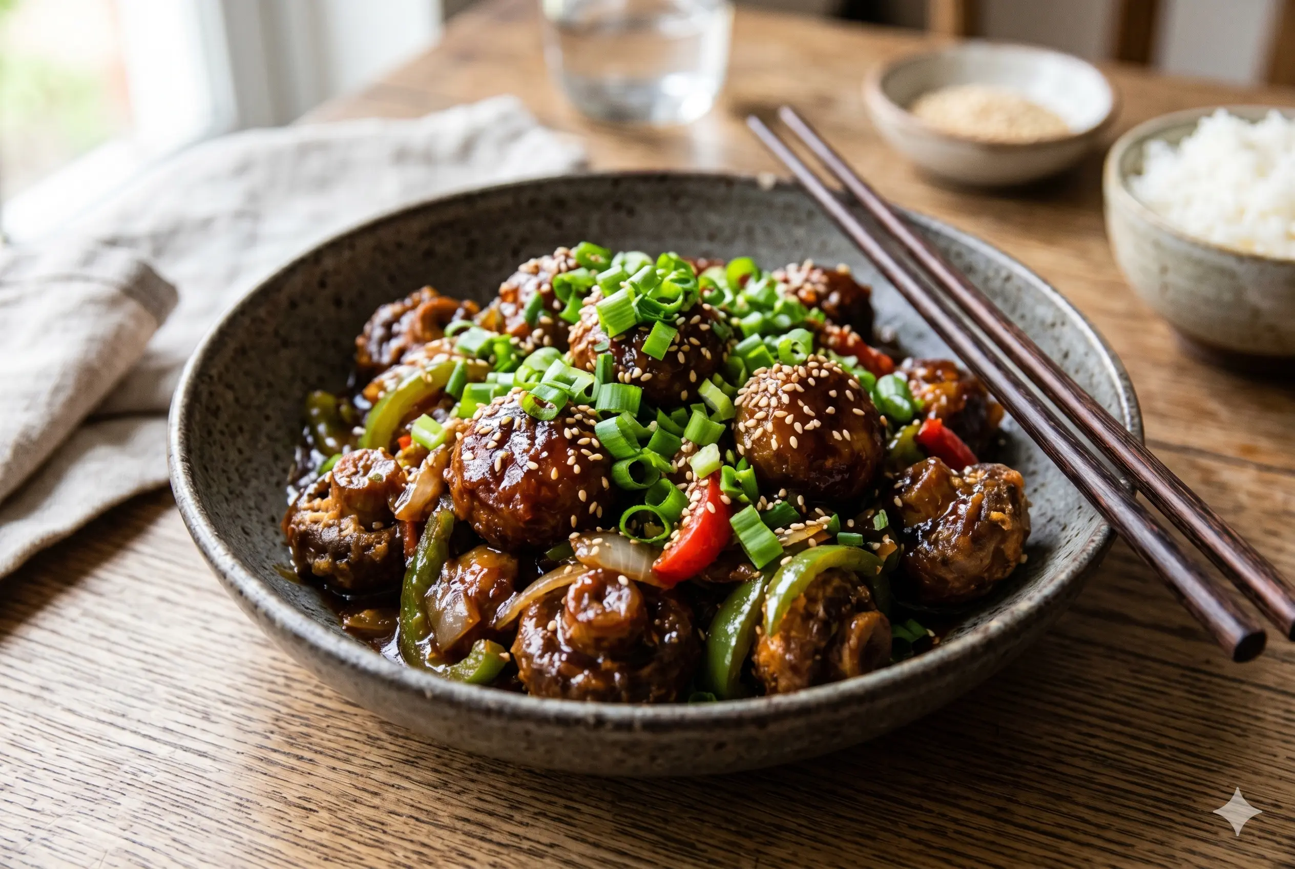 A close-up photograph of crispy Mushroom Manchurian served in a rustic, speckled grey ceramic bowl on a wooden table. The dish features glazed mushrooms mixed with green bell peppers and red onions, generously garnished with white sesame seeds and fresh chopped green spring onions.