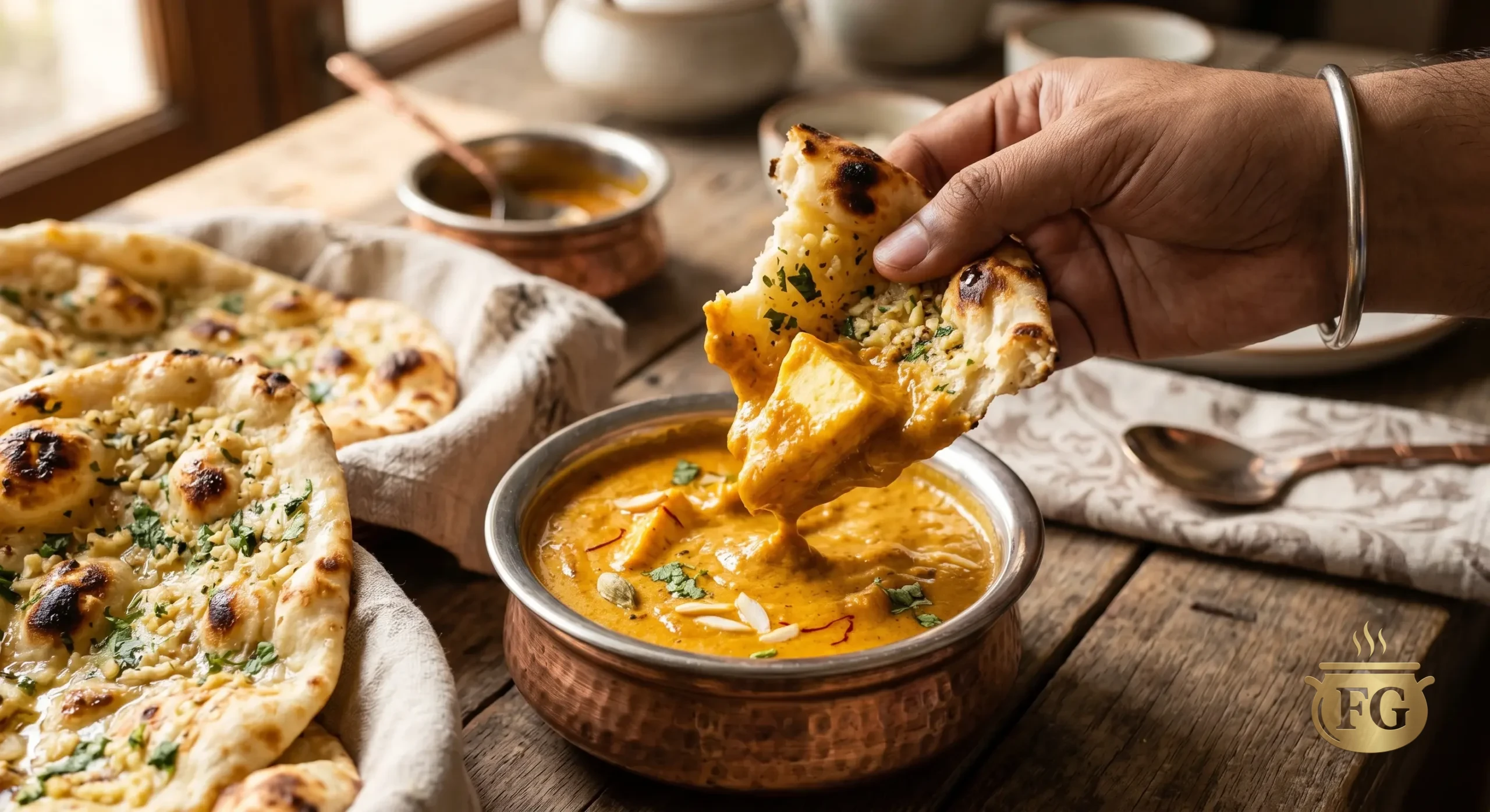 A close-up, appetizing first-person perspective shot. A hand with a medium skin tone holds a torn piece of soft, buttery, cilantro-flecked garlic naan. It is being used to scoop up a soft triangle of fresh paneer coated in thick, velvety, golden-yellow Shahi Paneer Korma gravy. The korma is served in a hammered copper bowl, with visible strands of saffron and blanched almond slivers. The background is a softly blurred rustic wooden table setting, illuminated by warm afternoon light.