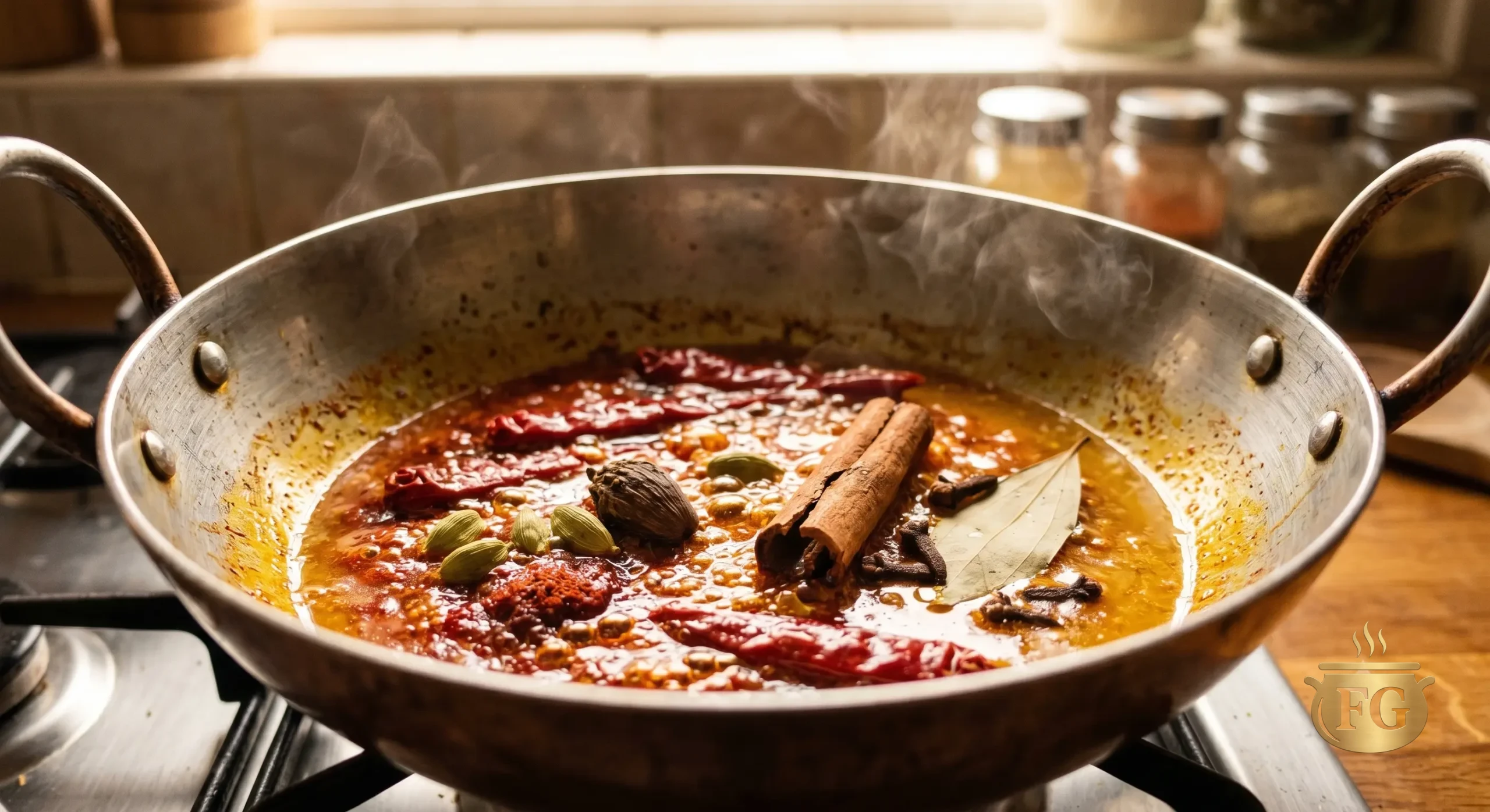 Shahi Chicken Korma Recipe: 5 Royal Steps To Authentic Mughlai Luxury % %caption % An eye-level, close-up photograph of a hammered copper and brass kadhai, filled with whole spices like dried red chilies, cinnamon, cardamom, and bay leaves sizzling in a deeply saturated, fiery-red chili-infused oil. Enhanced rising steam is visible, and the overall color temperature is dominated by deep reds and oranges. A rustic kitchen background with blurred spice jars is present. Shot with macro lens and dramatic lighting.