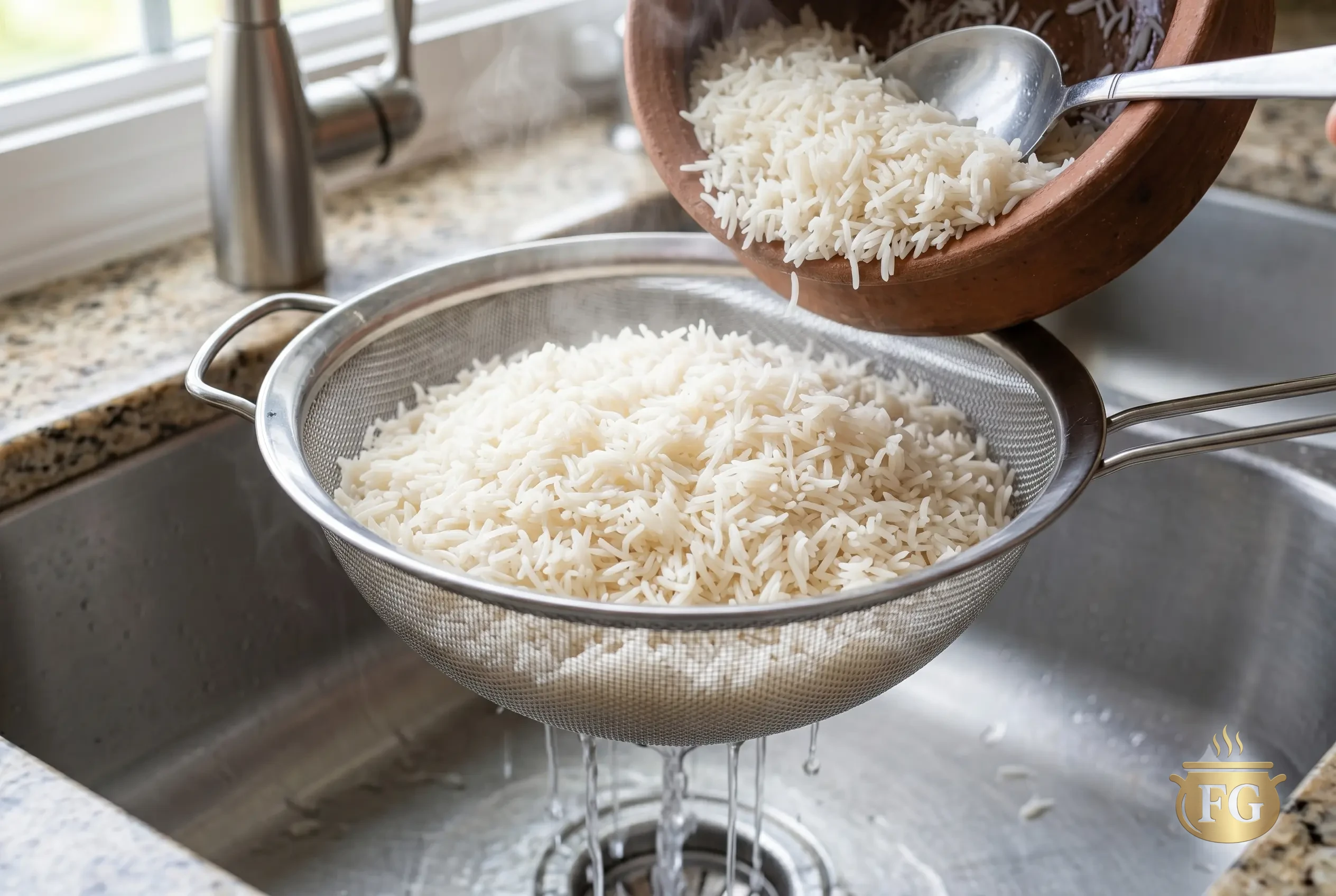 Paneer Tikka Makhani Biryani Recipe: 5 Royal Steps To Ultimate Restaurant-Style Luxury % %caption % Cooked, fluffy basmati rice being poured from a traditional clay pot into a large metal wire-mesh colander, with water draining below into a kitchen sink. Steam is visible.