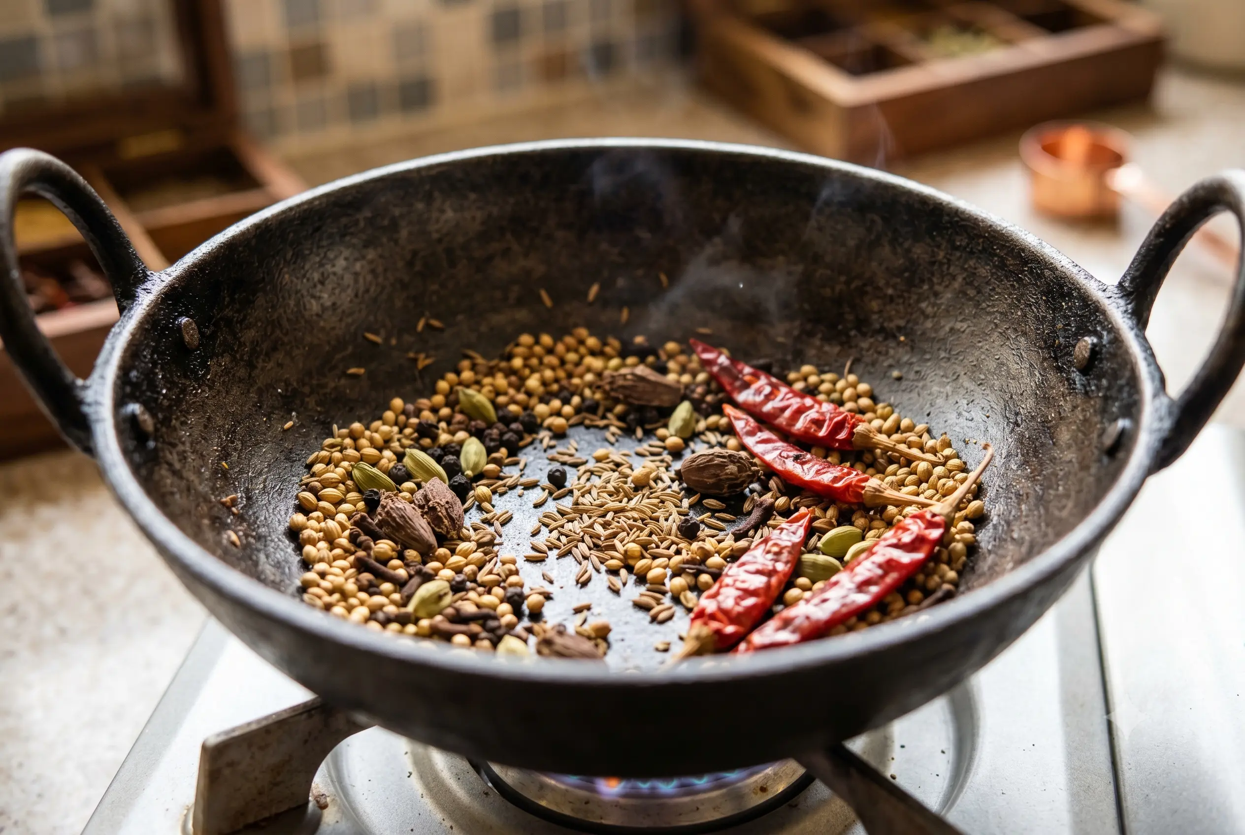 A close-up photograph looking down into a dark cast-iron karahi on a lit gas stove burner. Inside the karahi, a mix of whole Indian spices, including prominent dried red chilies, cumin seeds, coriander seeds, and whole green and black cardamom pods, are actively dry roasting. Wisps of aromatic steam rise from the heated spices. The background shows blurred rustic wooden spice boxes and a tiled kitchen counter.