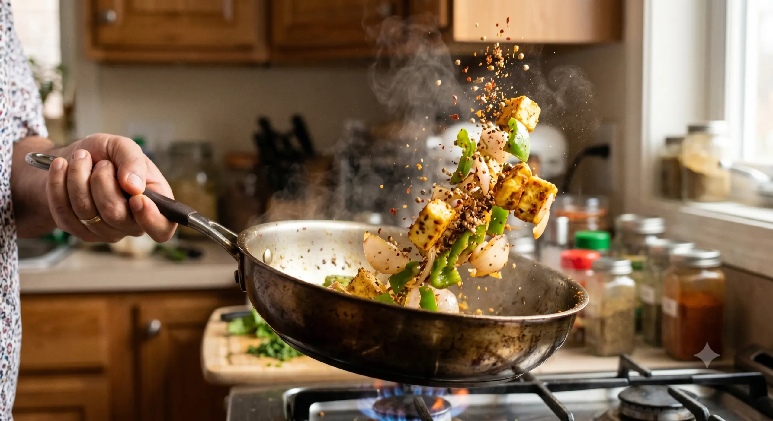 A dynamic close-up photograph capturing a hand holding a frying pan in mid-motion, tossing sautéed paneer cubes, green bell pepper pieces, and onion petals. A burst of coarse spices, including chili flakes, cumin, and coriander seeds, is flying into the air above the food, along with a cloud of steam. The pan is on a gas stovetop with a lit blue flame. The background is a home kitchen with wooden cabinets and various spice jars.
