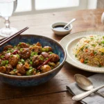 An appetizing still-life photograph of a meal on a rustic wooden dining table near a window. In the foreground, a dark, speckled blue and brown ceramic bowl holds glossy mushroom Manchurian meatballs mixed with green bell peppers, red onions, and scallions, topped with sesame seeds, with wooden chopsticks resting on top. To the right, a mound of vegetable fried rice with peas and carrots is served on a patterned ceramic plate. The setting includes a glass of water, a smaller cup, a soy sauce dish, a small pitcher, and cutlery on a grey napkin, all under natural daylight.