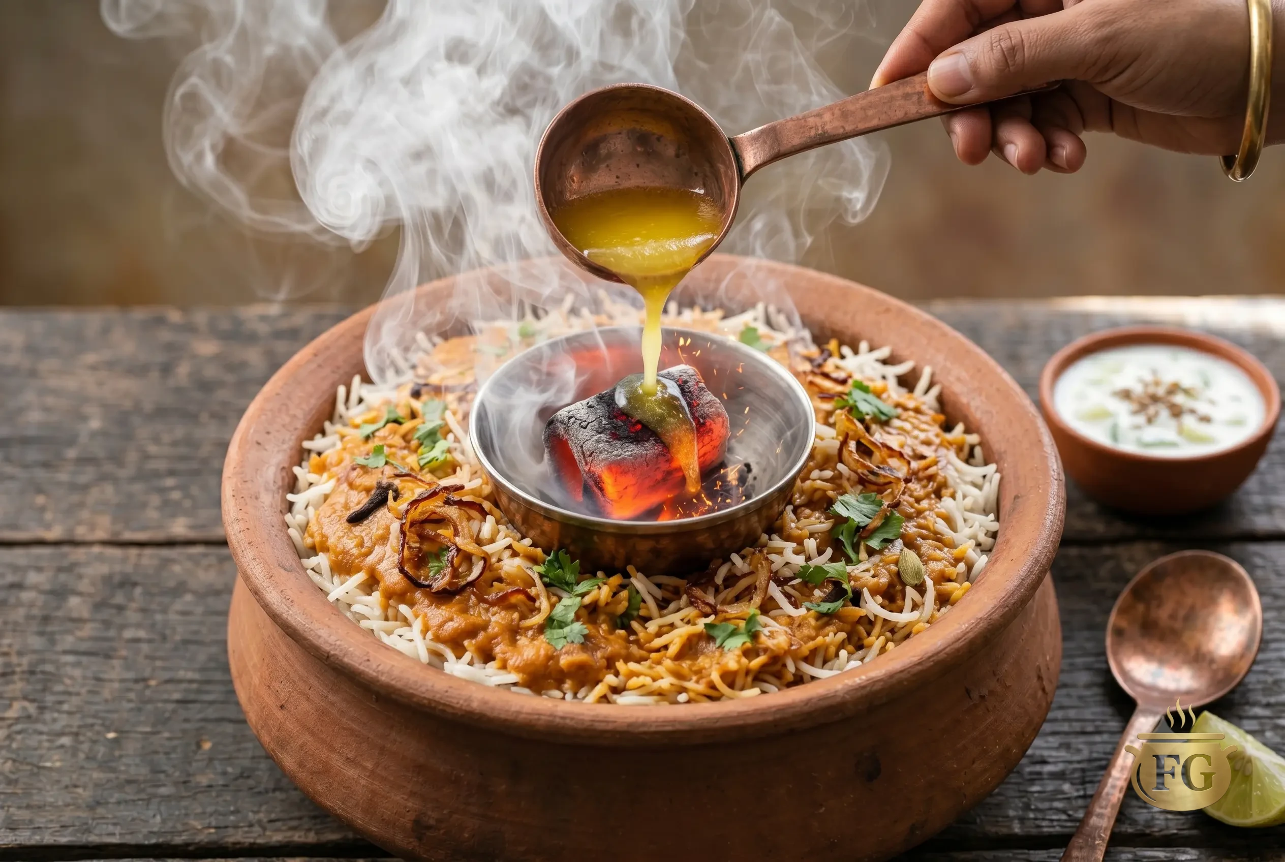 Paneer Tikka Makhani Biryani Recipe: 5 Royal Steps To Ultimate Restaurant-Style Luxury % %caption % A detailed close-up of the traditional Indian Dhungan smoking method happening within the clay pot biryani from image_2.png. A hand holds a small copper ladle and carefully pours clear, hand-poured ghee directly onto a red-hot, glowing piece of lump charcoal, which is nestled inside a small metal cup resting on the biryani layers. The contact generates a massive, dense plume of aromatic white smoke and steam that billows up over the food. The biryani is garnished with a rich sauce, crispy golden fried onions (birista), fresh green coriander leaves, and whole spices, just as seen in image_2.png. Two traditional copper spoons and a small clay bowl of raita sit next to the rustic handi pot on a dark, weathered wooden table.