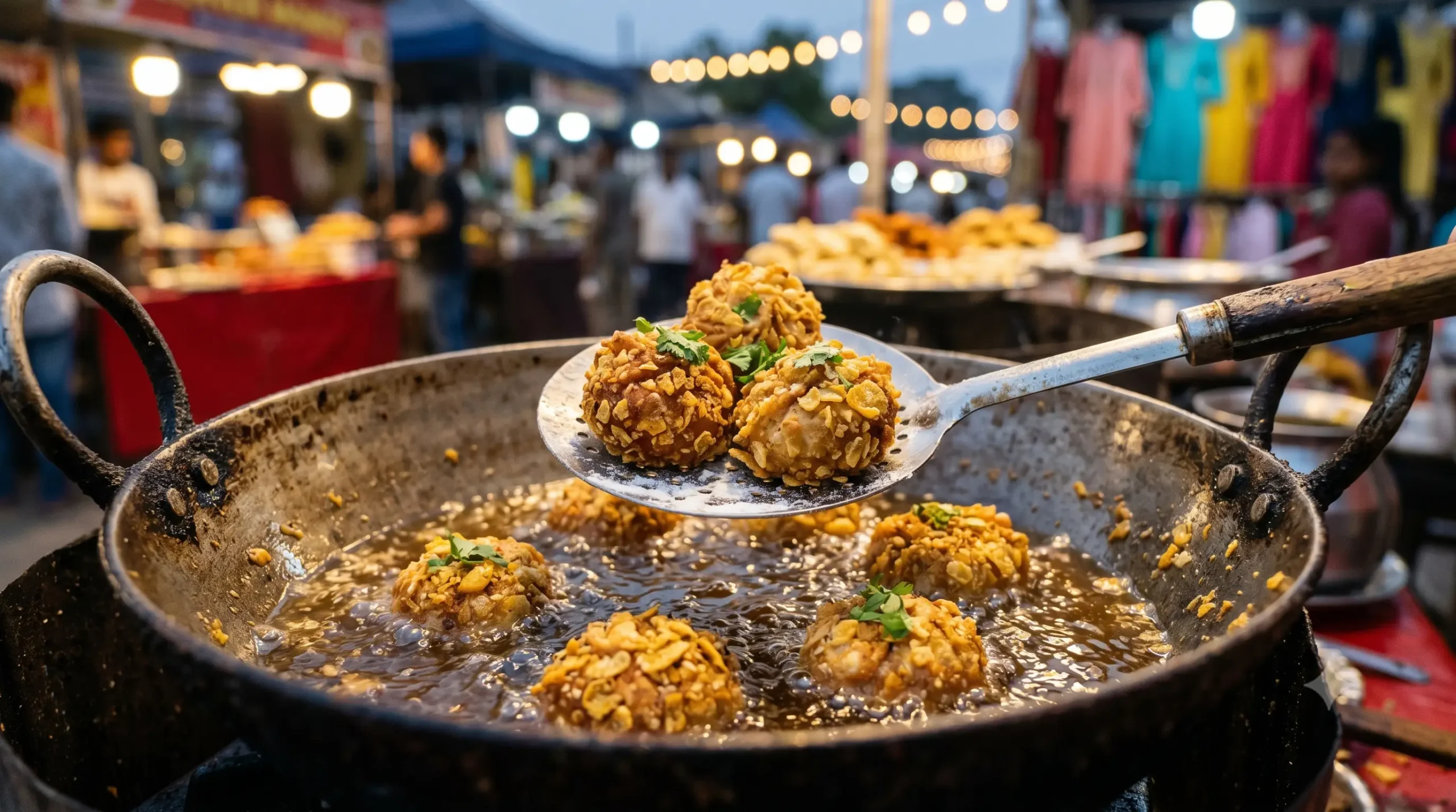 A close-up shot focusing on a metal slotted spoon lifting golden-brown, deep-fried koftas from a large, bubbling kadhai (wok) filled with hot oil. The scene is at an outdoor street food stall in an Indian night market, with warm string lights creating a beautiful bokeh background with blurred figures and other stalls.