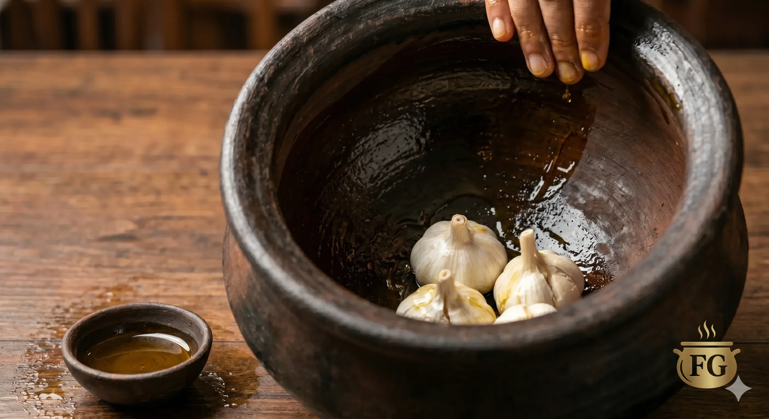 Authentic Shahi Handi Chicken: 5 Secret Royal Recipe % %caption % An overhead close-up photograph of a rustic, hand-beaten cured clay pot being seasoned. A person's oil-wetted hand applies mustard oil to the inner rim. Several whole garlic bulbs rest at the pot's bottom, and a small clay katori of oil sits on a rustic wooden table nearby.