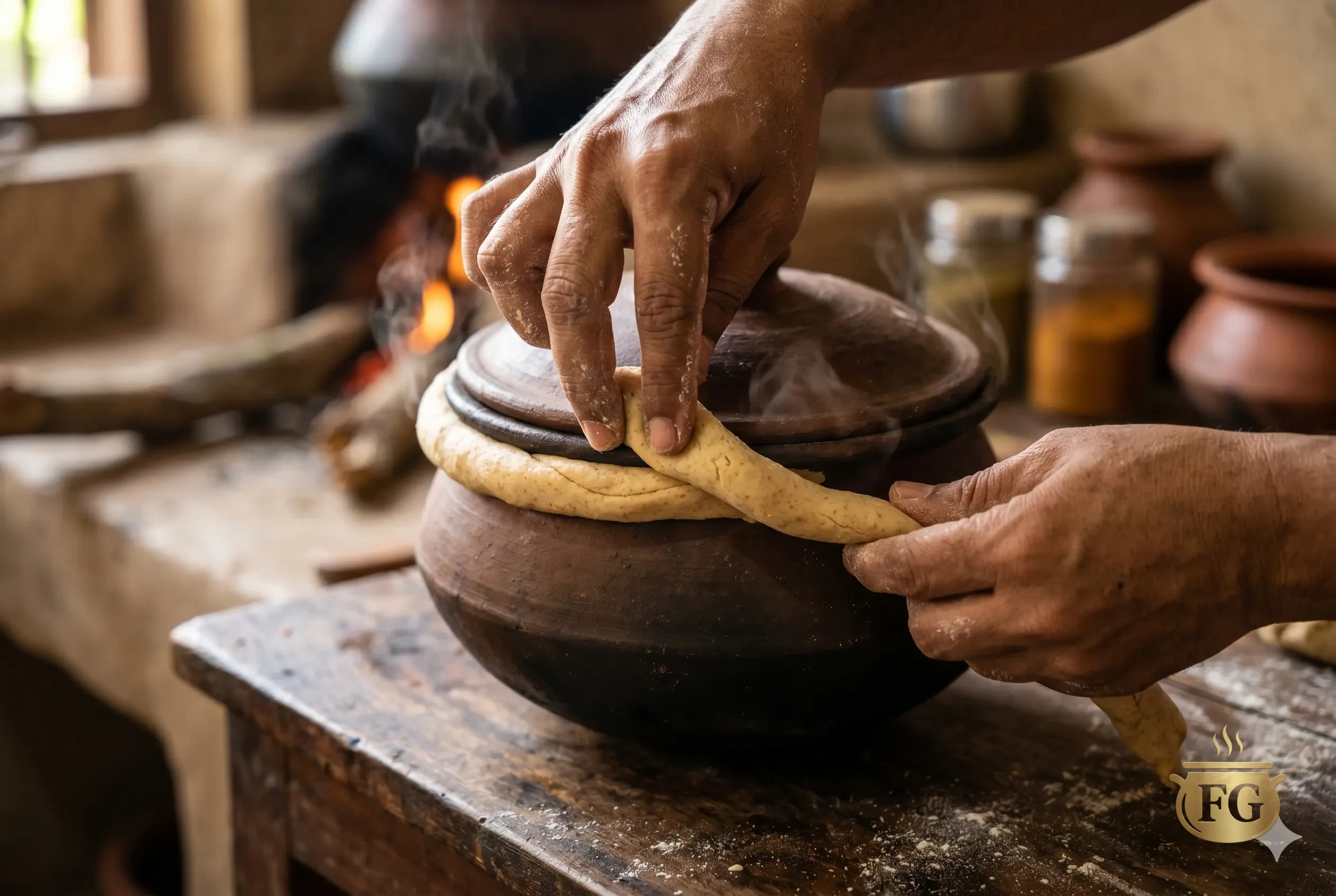 Authentic Shahi Handi Chicken: 5 Secret Royal Recipe % %caption % A close-up action shot showing a pair of hands pressing a rope of whole wheat dough tightly around the rim of a dark earthenware clay pot (haandi) to seal its lid. Steam rises from the pot on a flour-dusted wooden table. A traditional stove with fire is visible in the rustic background.